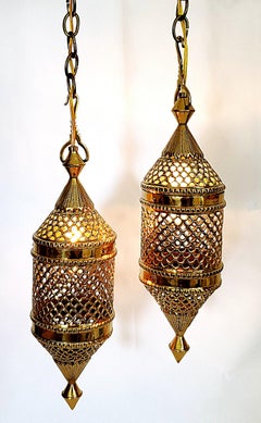 Vintage Moroccan Pierced Brass Hanging Pendant Lamps, Morocco, 1960s
