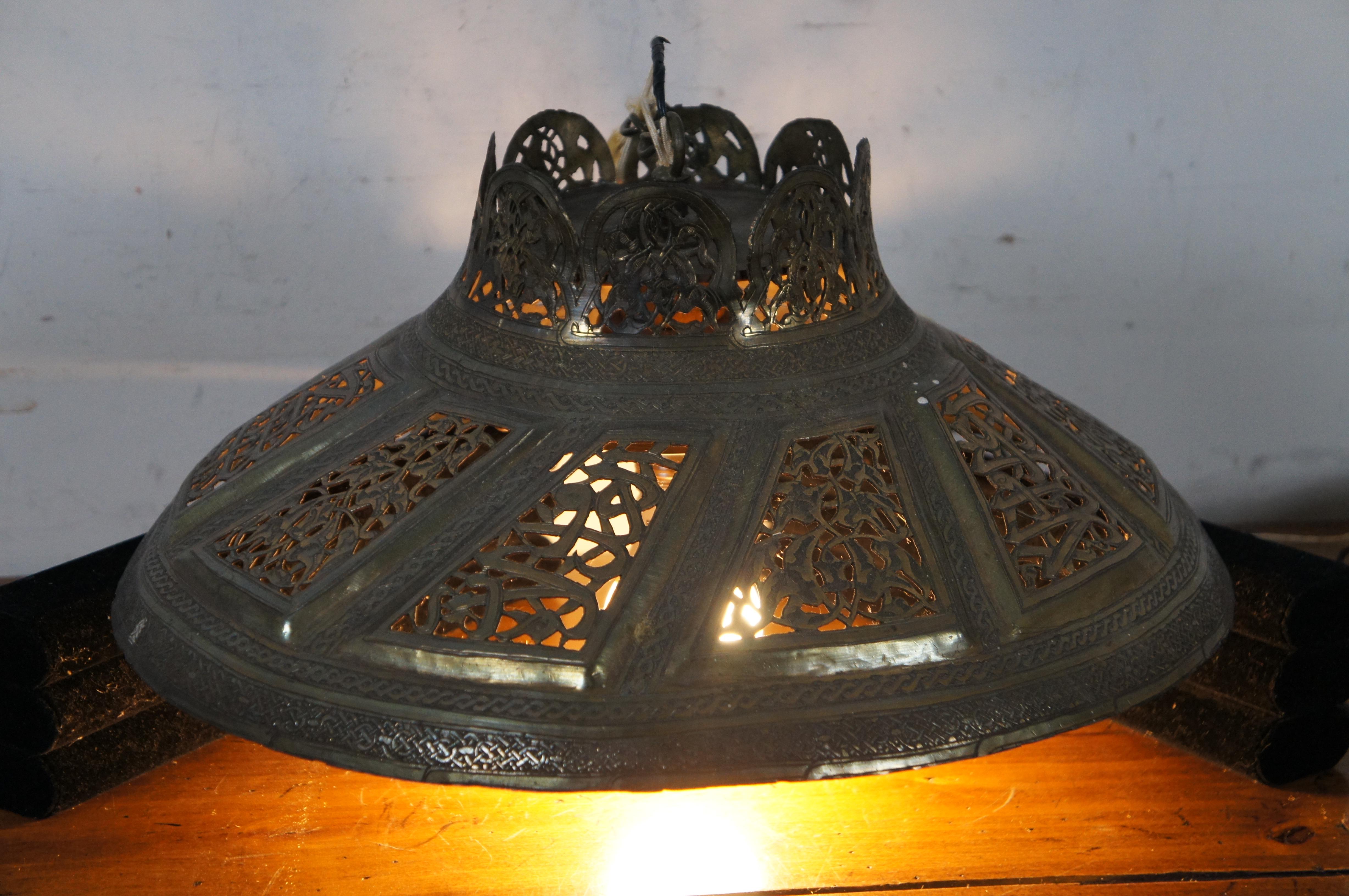 Vintage Moroccan Pierced Reticulated Brass Chandelier Swag Pendant Light For Sale 7