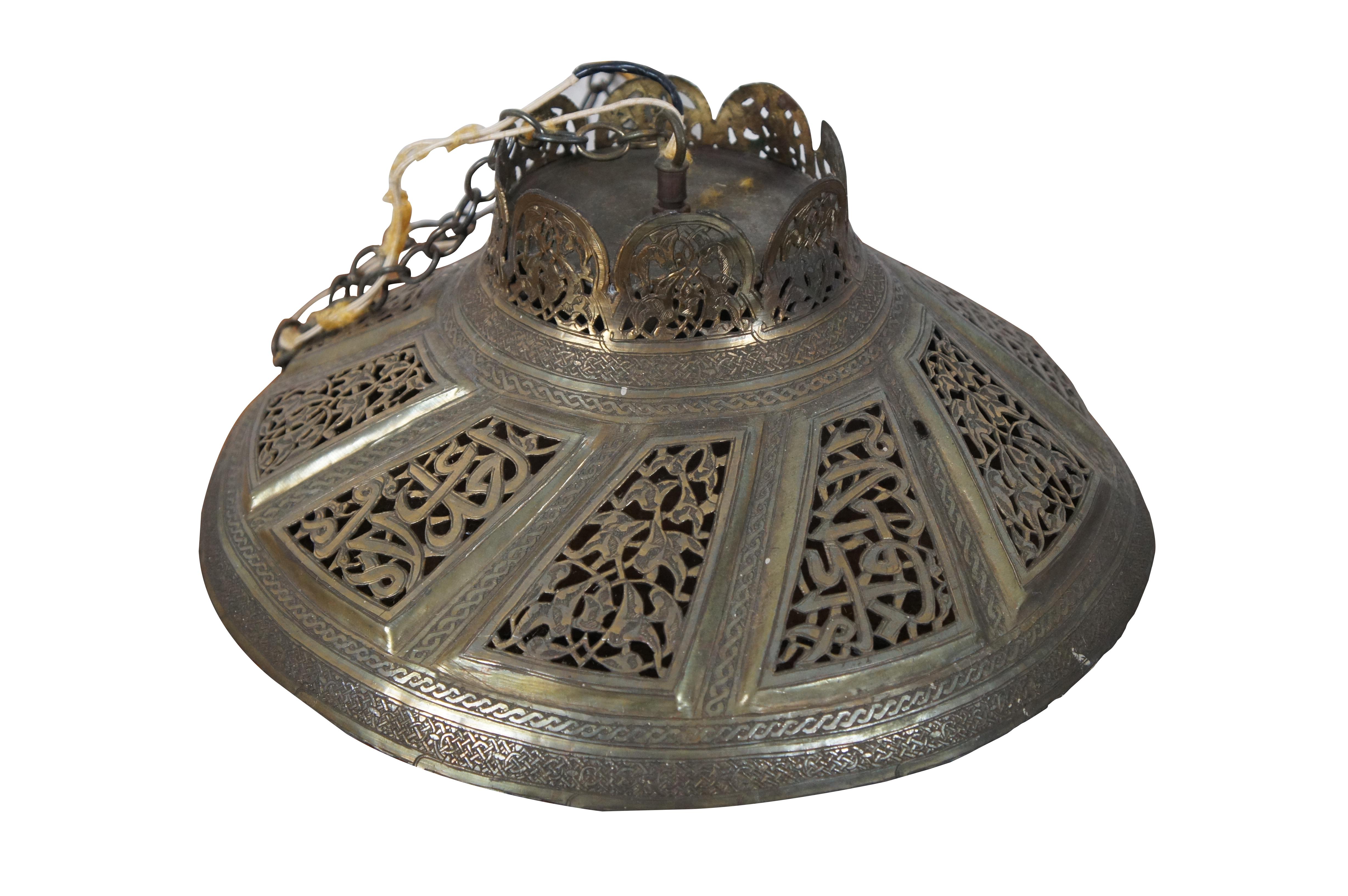 Islamic Vintage Moroccan Pierced Reticulated Brass Chandelier Swag Pendant Light For Sale