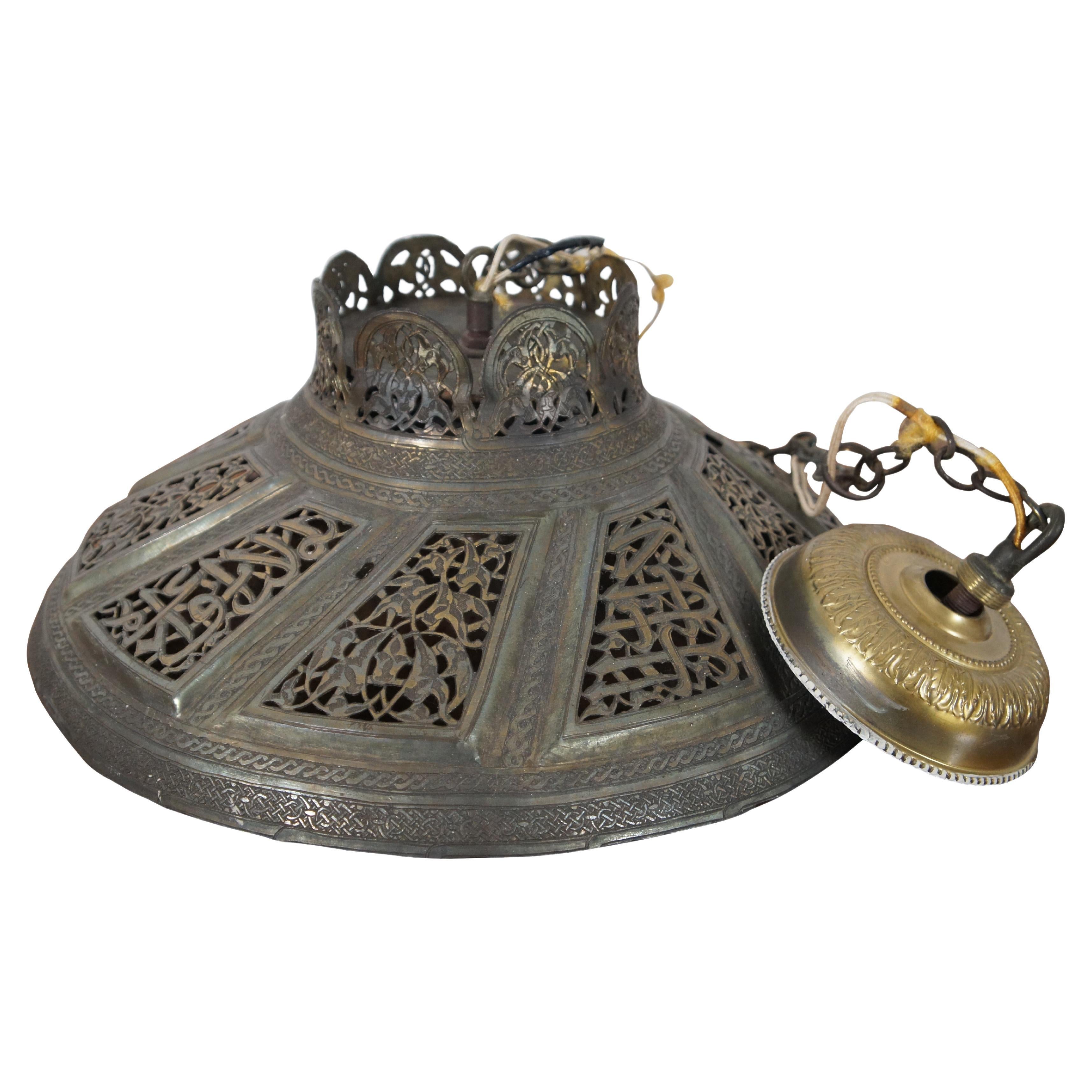 Vintage Moroccan Pierced Reticulated Brass Chandelier Swag Pendant Light For Sale