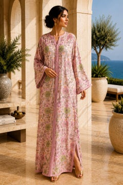 Vintage Moroccan Pink Floral Damask Caftan, Handcrafted Designer Maxi Gown, 1970