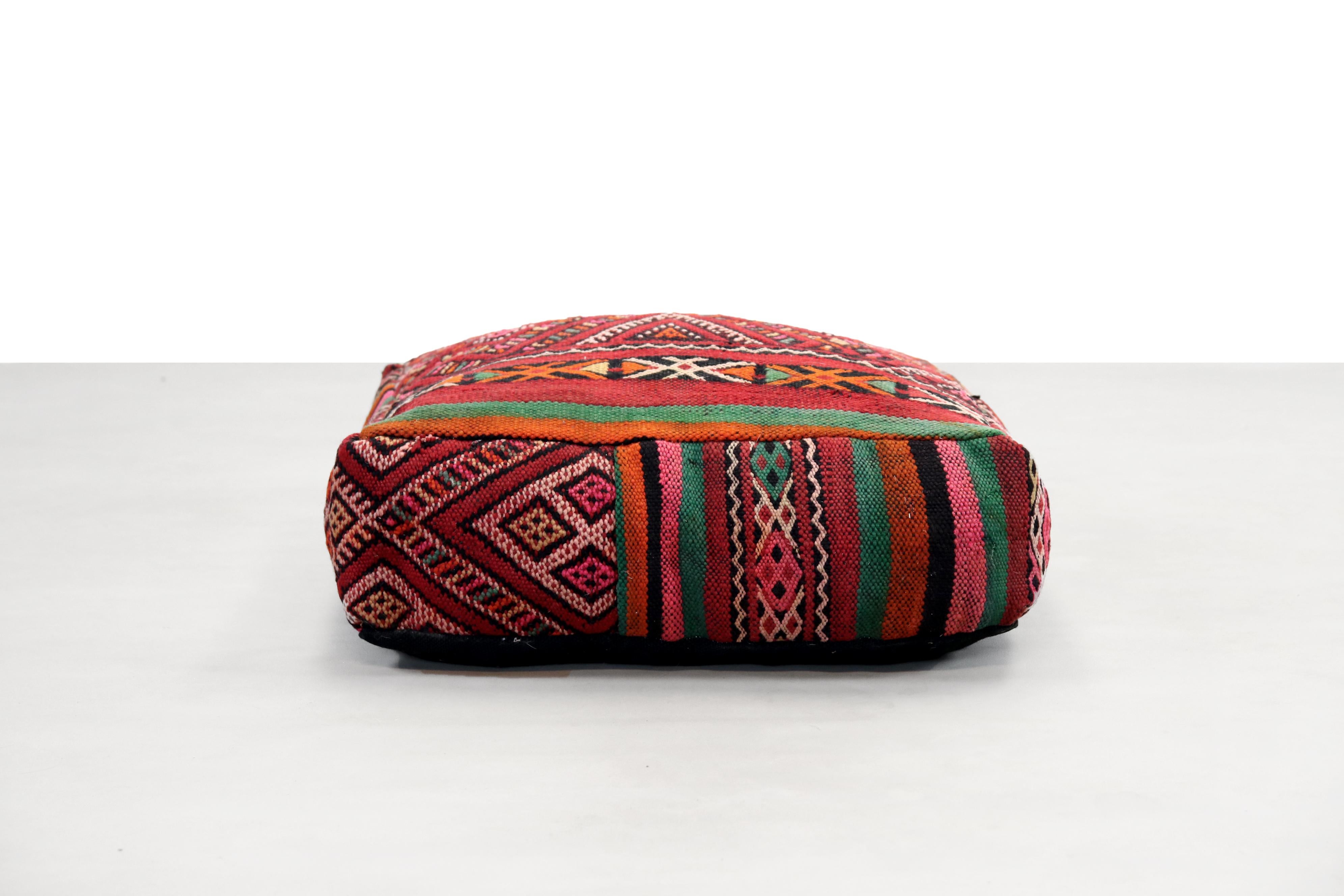 Hand-Woven Vintage Moroccan pouf made from a Zemmour rug by Berber Tribe