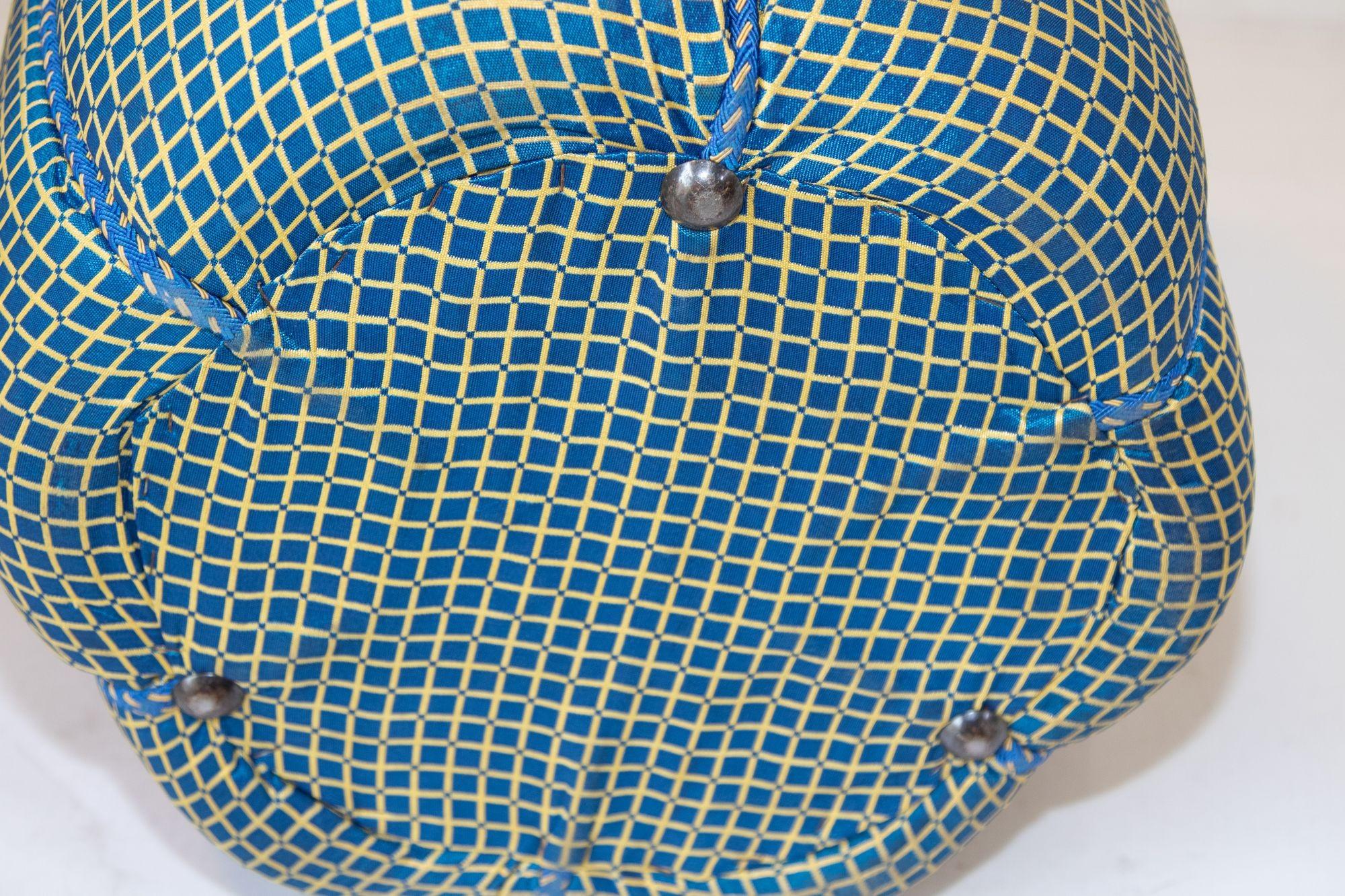 Vintage Art Deco Style Pouf Turquoise Upholstered Round Stool For Sale 3