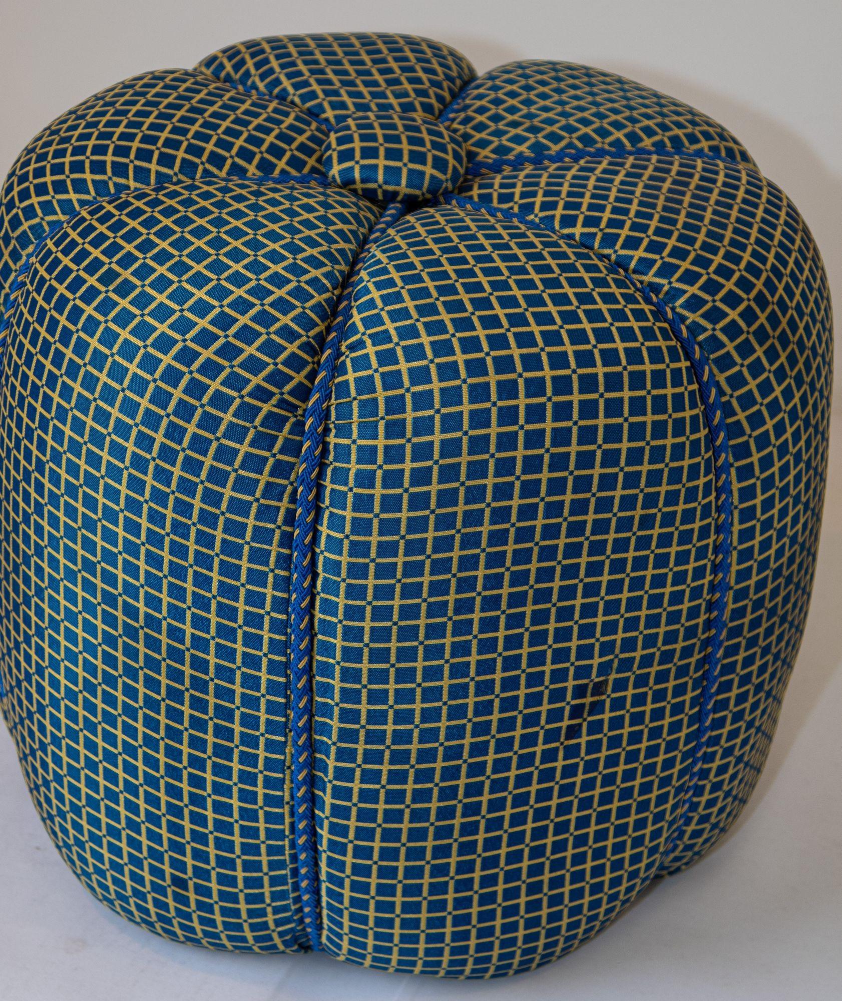 Vintage Art Deco style pouf  in turquoise upholstered round stool.
Round stool in Turquoise fabric upholstery in Art Deco style.
Vintage Moroccan little pouf hassock, upholstered footstool circular ottoman.
This versatile accent piece, pouf is