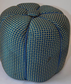 Vintage Art Deco Style Pouf Turquoise Upholstered Round Stool