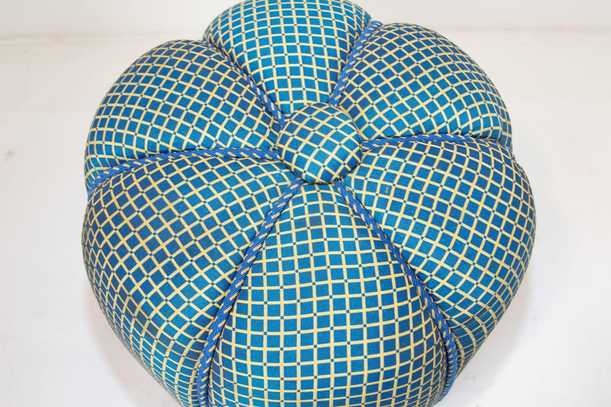 Vintage Art Deco Style Pouf Turquoise Upholstered Round Stool For Sale 1