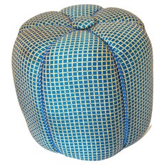 Vintage Art Deco Style Pouf Turquoise Upholstered Round Stool