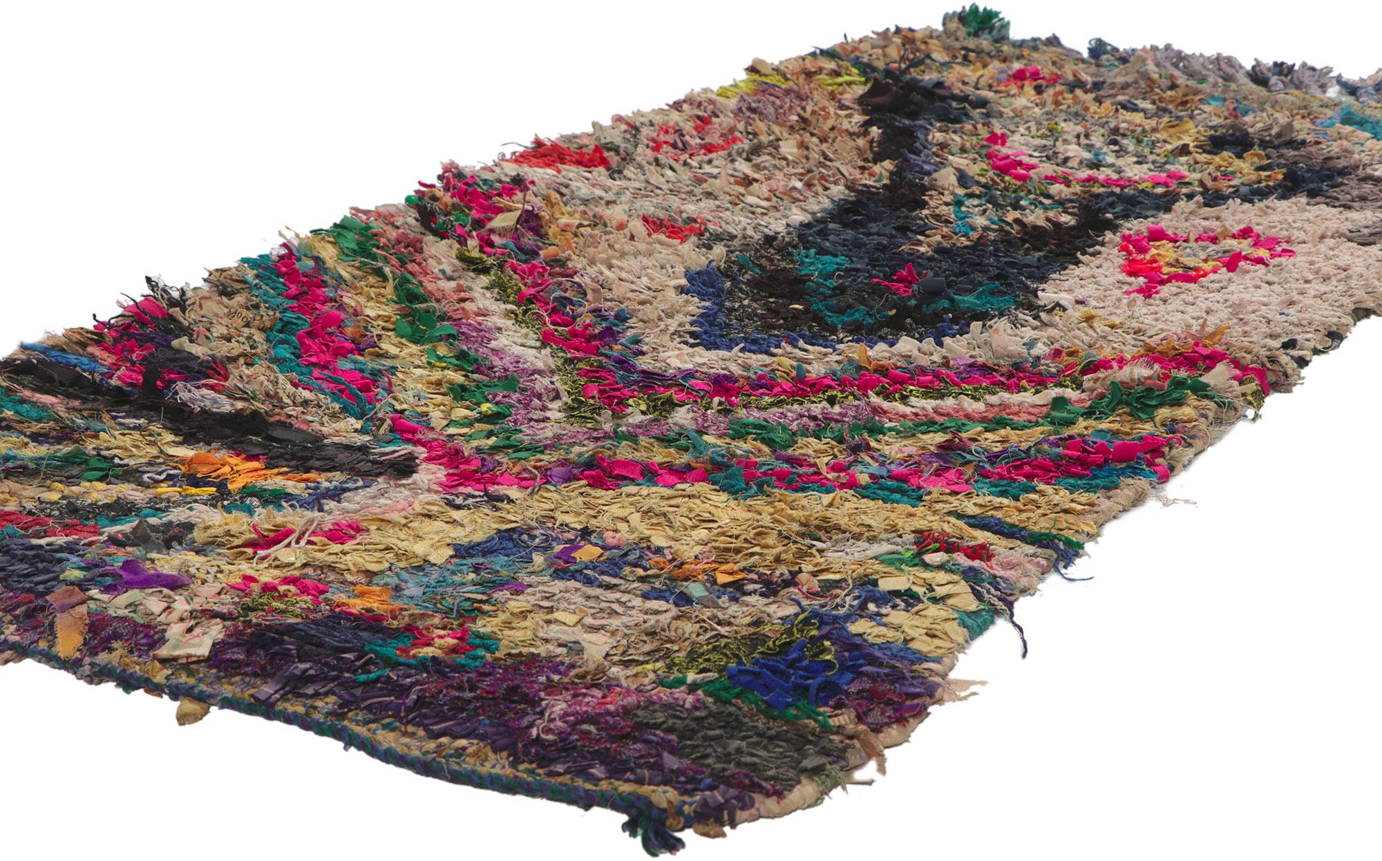 78408 Vintage Moroccan Rag rug, Berber Boucherouite 02'02 x 04'01. With its nomadic charm, incredible detail and texture, this hand knotted vintage Moroccan rag rug is a captivating vision of woven beauty. The eye-catching tribal design and lively