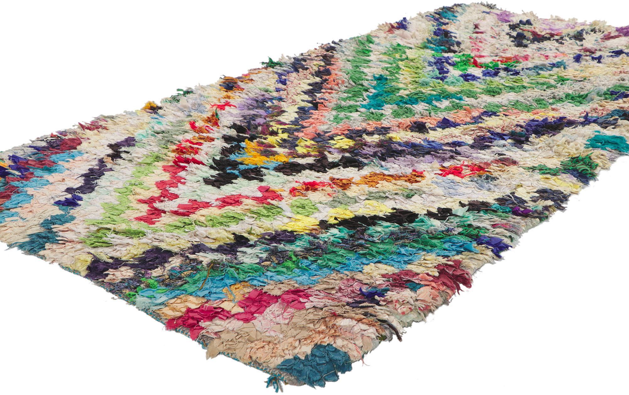 78407 Vintage Moroccan Rag rug, Berber Boucherouite 02'10 x 06'02. With its nomadic charm, incredible detail and texture, this hand knotted vintage Moroccan rag rug is a captivating vision of woven beauty. The eye-catching chevron pattern and lively