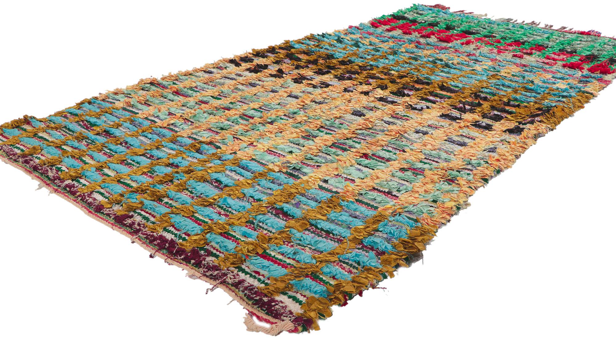 78402 Vintage Moroccan Boucherouite Rag rug 03'05 x 07'02. ?With its nomadic charm, incredible detail and texture, this hand knotted vintage Moroccan rag rug is a captivating vision of woven beauty. The geometric design and lively colorway woven