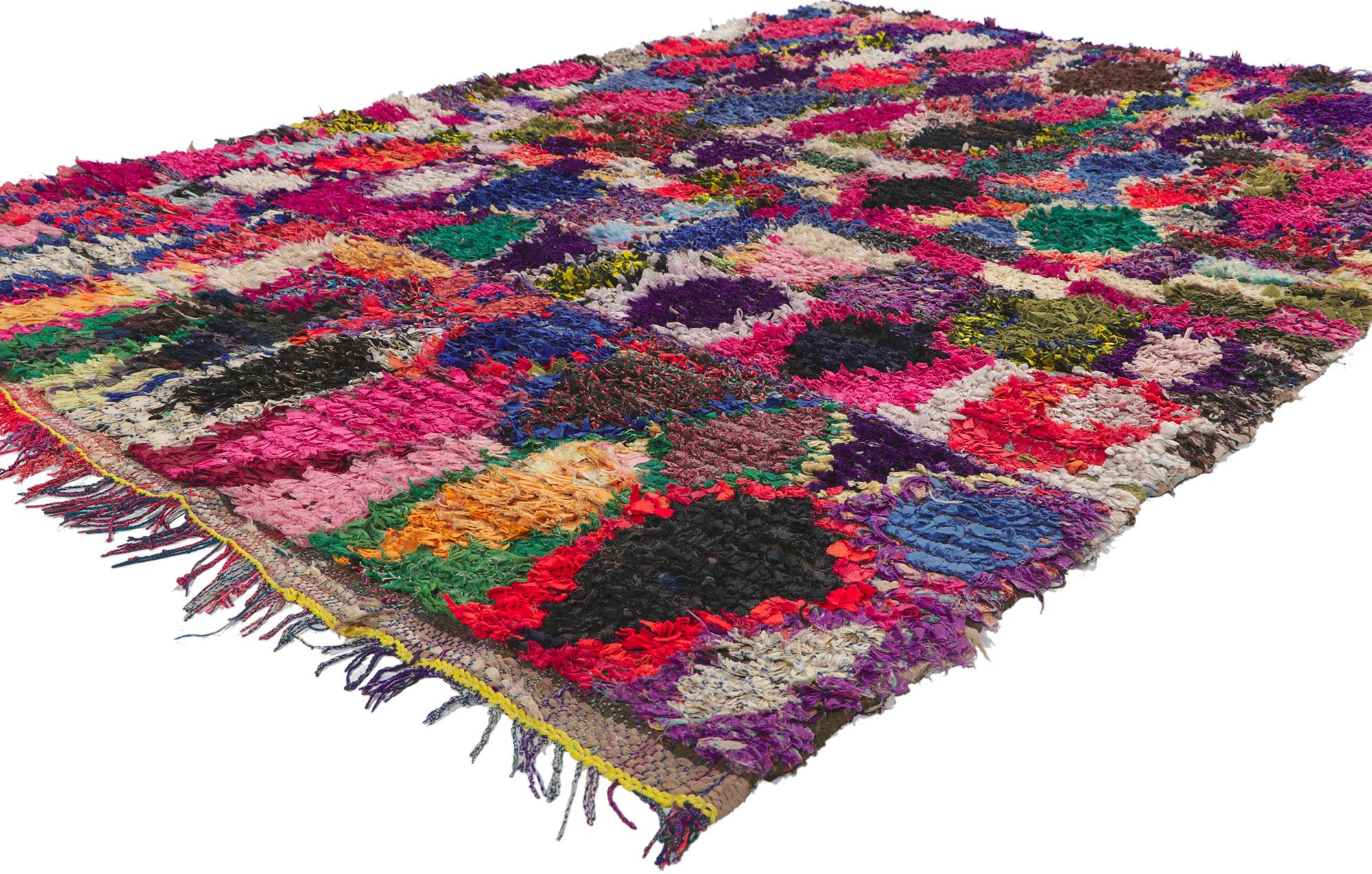 78399 Vintage Moroccan Rag rug, Berber Boucherouite 04'08 x 06'09. With its nomadic charm, incredible detail and texture, this hand knotted vintage Moroccan rag rug is a captivating vision of woven beauty. The eye-catching geometric design and