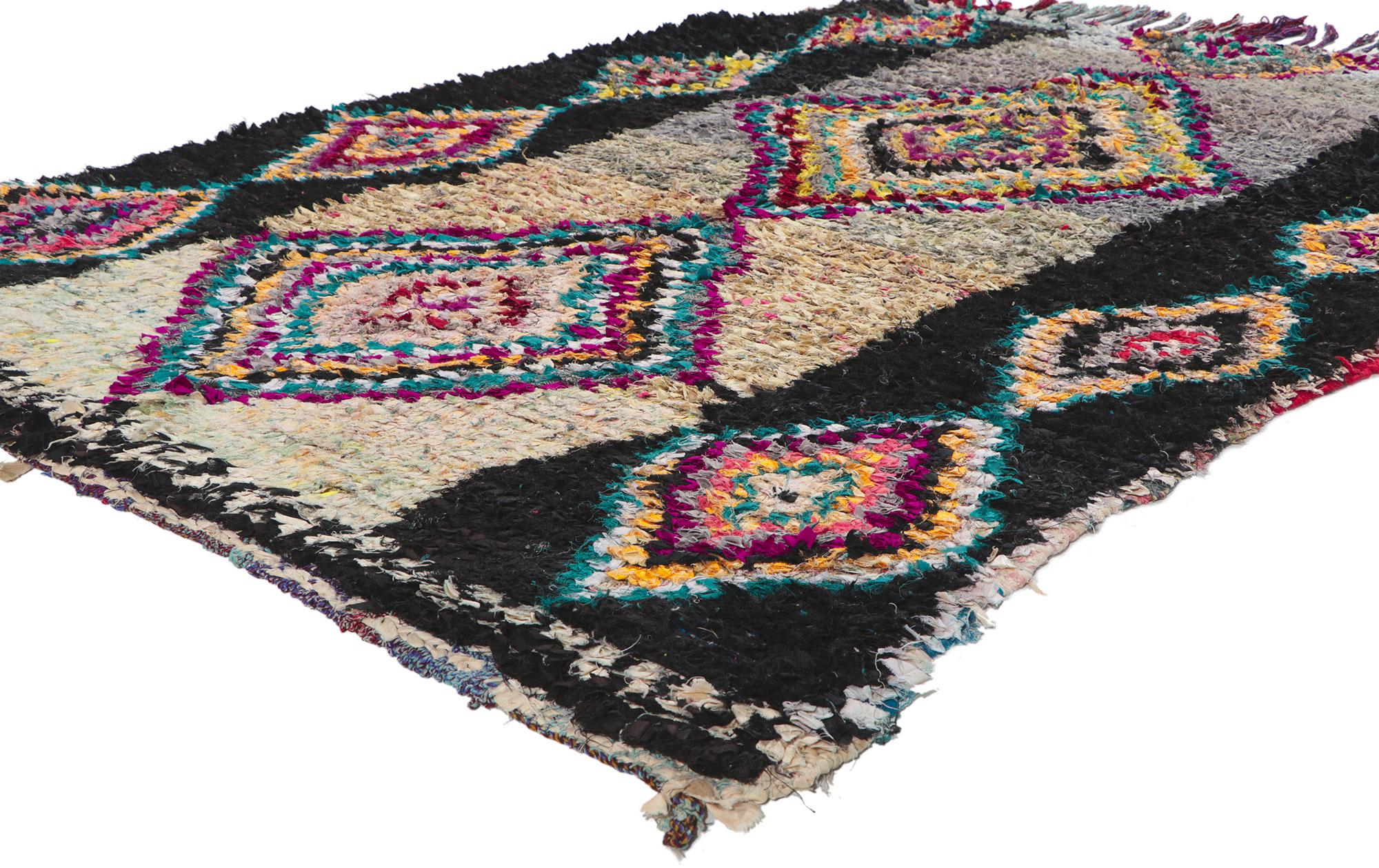 78393 Vintage Moroccan Rag rug, Berber Boucherouite 05'04 x 08'00. ?With its nomadic charm, incredible detail and texture, this hand knotted vintage Moroccan rag rug is a captivating vision of woven beauty. The eye-catching diamond pattern and