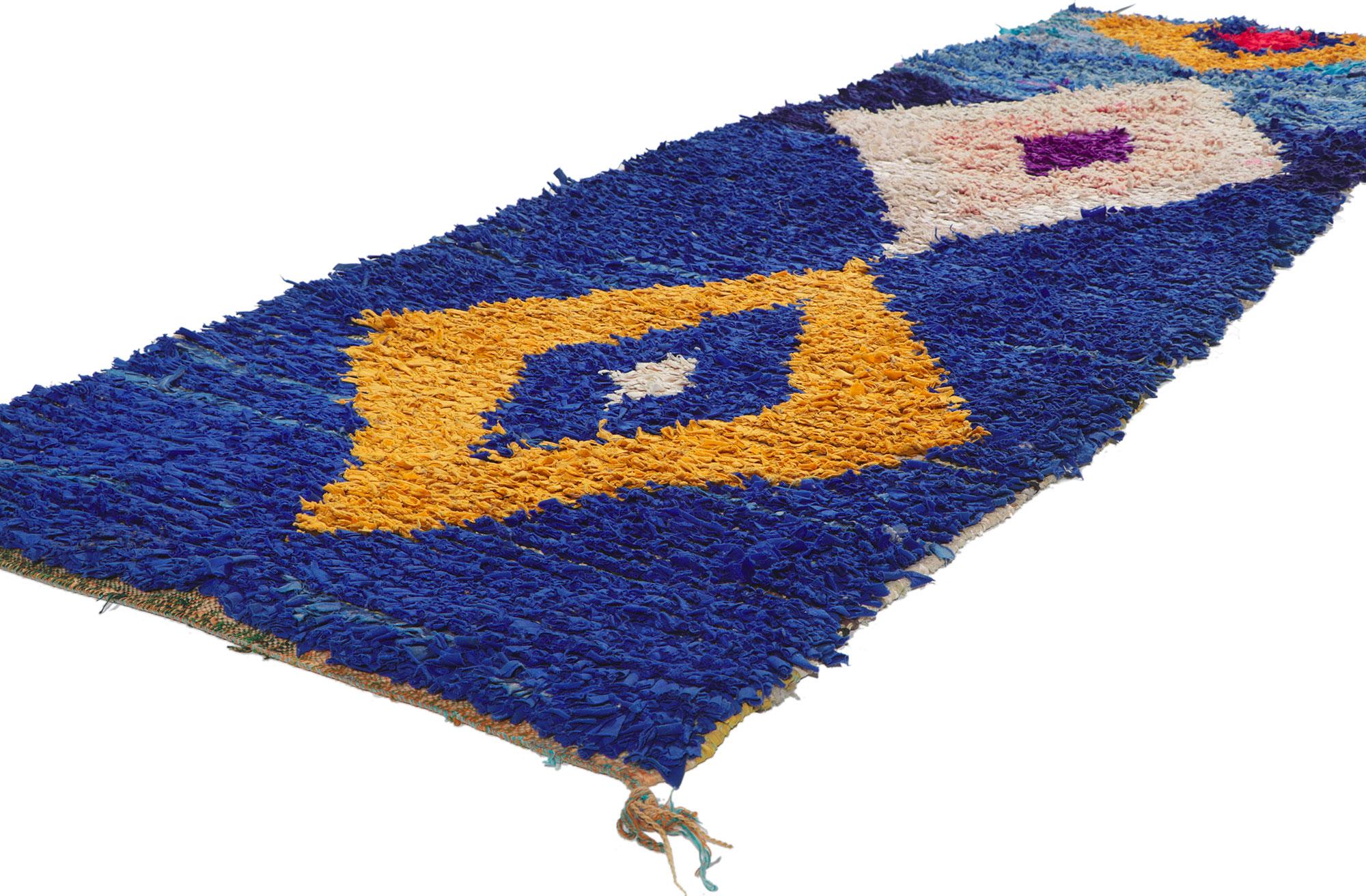 ?78392 Vintage Moroccan Rag rug 02'11 x 09'00. With its nomadic charm, incredible detail and texture, this hand knotted vintage Moroccan rag rug is a captivating vision of woven beauty. The eye-catching diamond pattern and lively colorway woven into