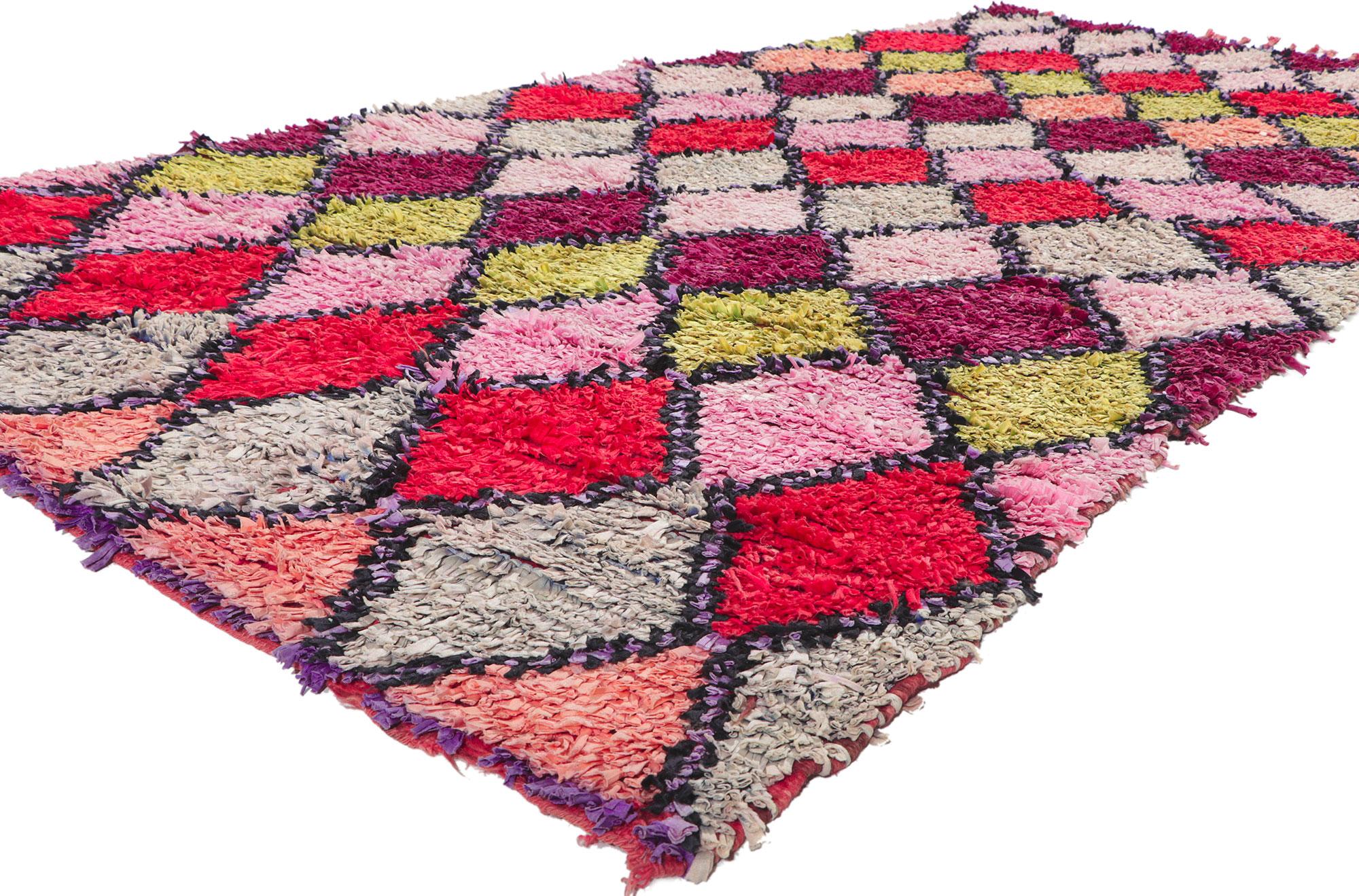 78362 Vintage Moroccan Rag rug Boucherouite, 05'02 x 09'08. ?With its nomadic charm, incredible detail and texture, this hand knotted vintage Moroccan rag rug is a captivating vision of woven beauty. The eye-catching diamond pattern and lively