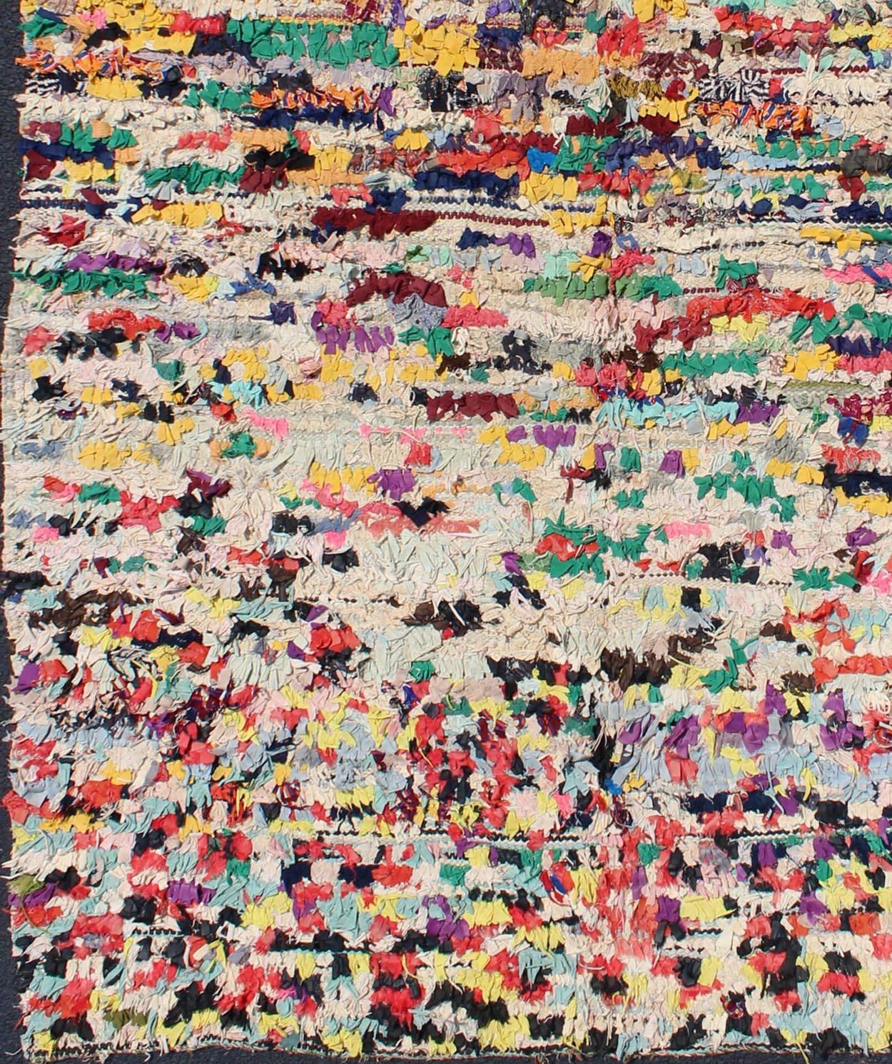 Vintage Moroccan Rag Rug with checkered Design in Multi Colors    SK-18838, Large Vintage Moroccan Boucherouite Rug, Large Rag Rug -5'2 X 7'3
Woven entirely with cut-up pieces of fabric from old clothes this, Mid-Century Moroccan features colorful