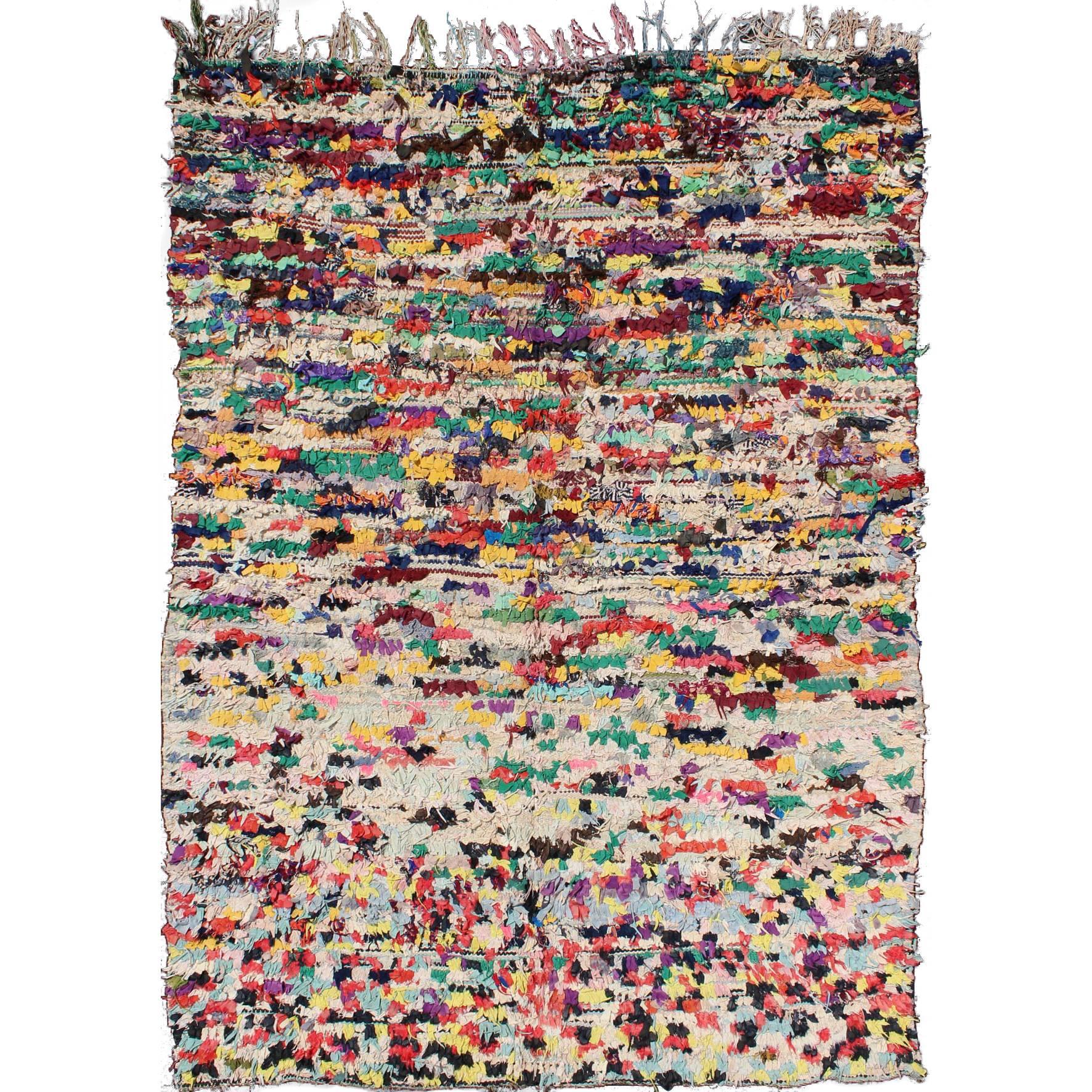 Vintage Moroccan Rag Rug with checkered Design in Multi Colors 