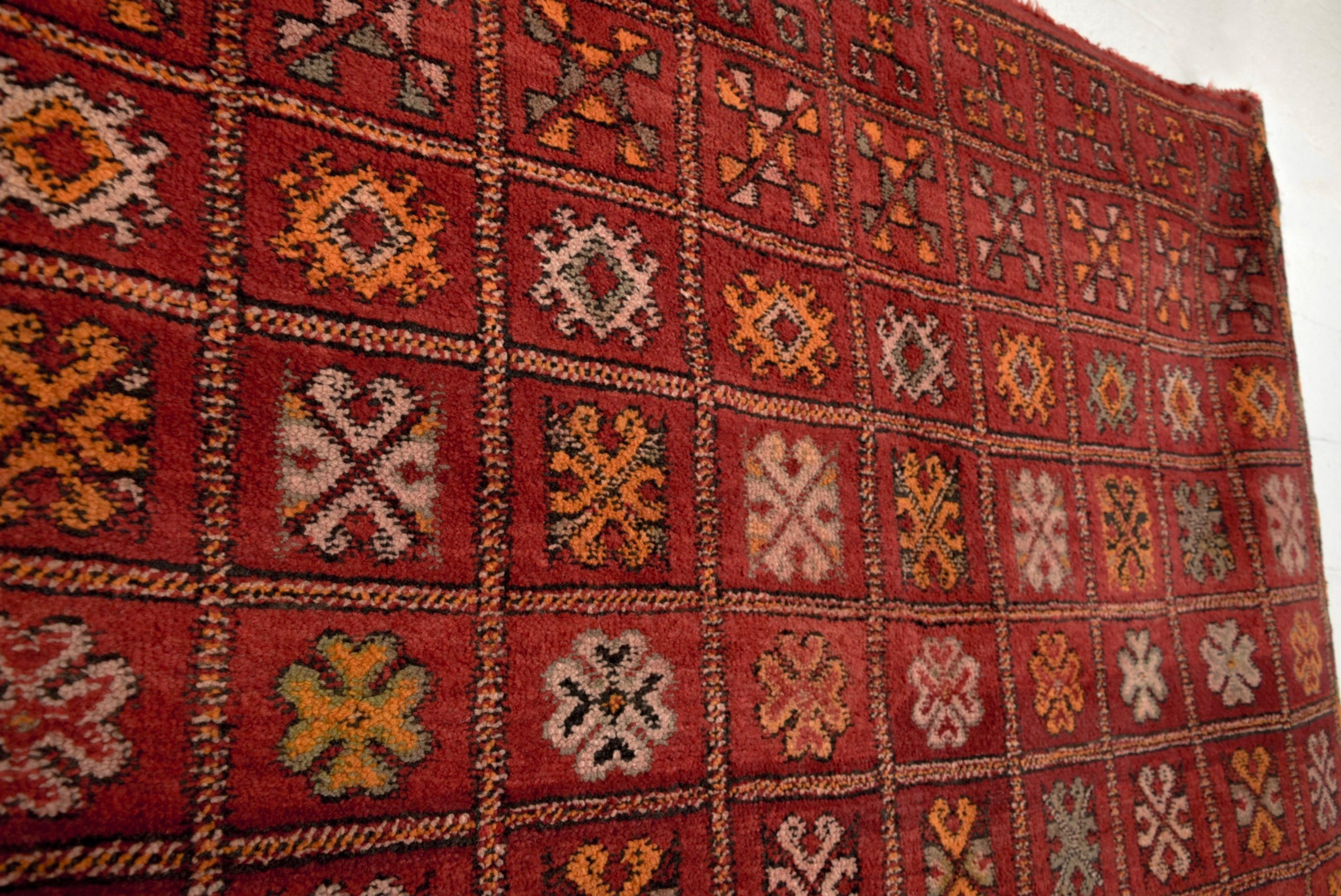 Hand-Woven Vintage Moroccan Red Boujad Handwoven Wool Floor Rug For Sale