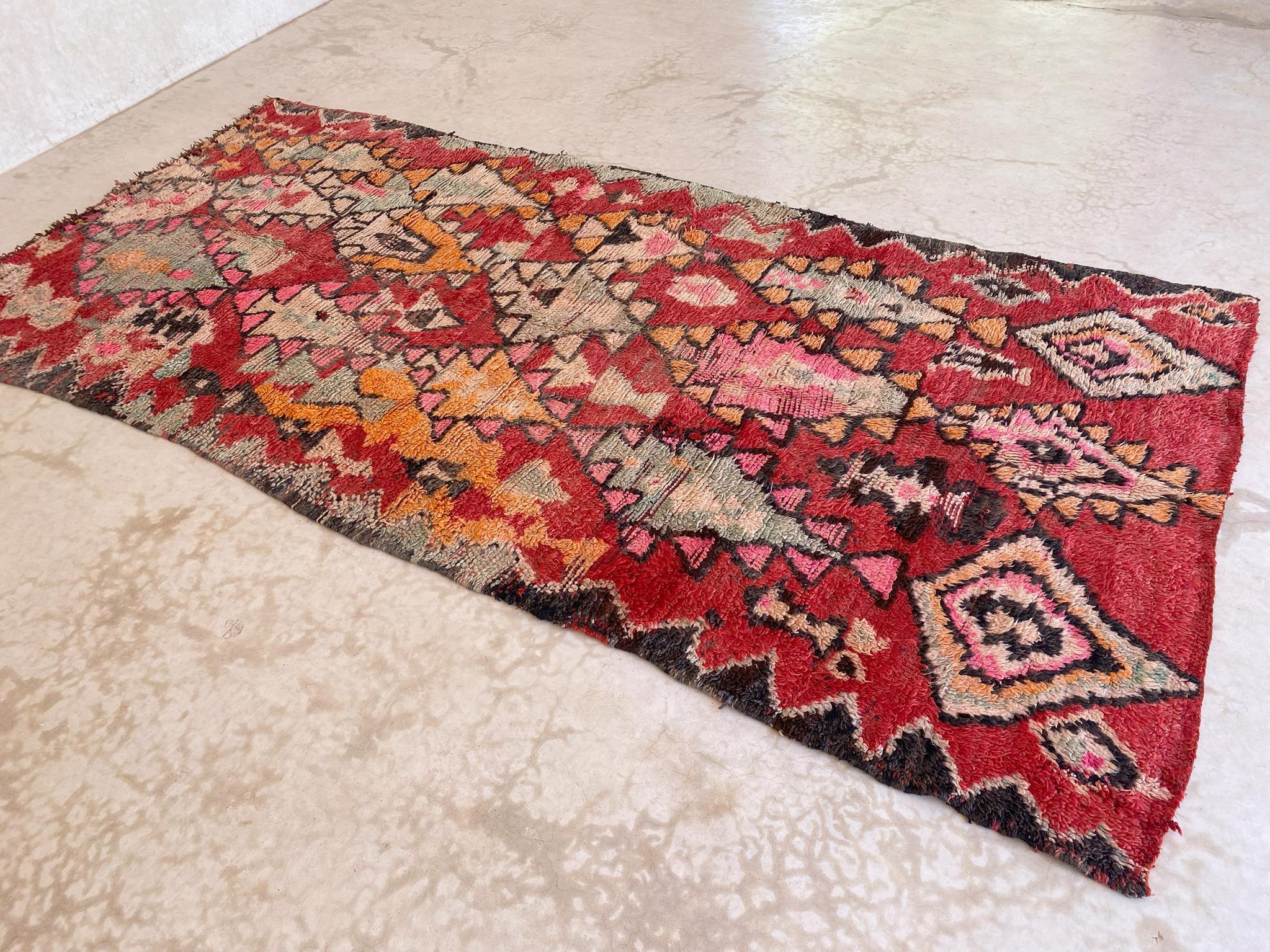 Tribal Vintage Moroccan Rehamna rug - Red/pink - 5.9x12.2feet / 180x373cm For Sale