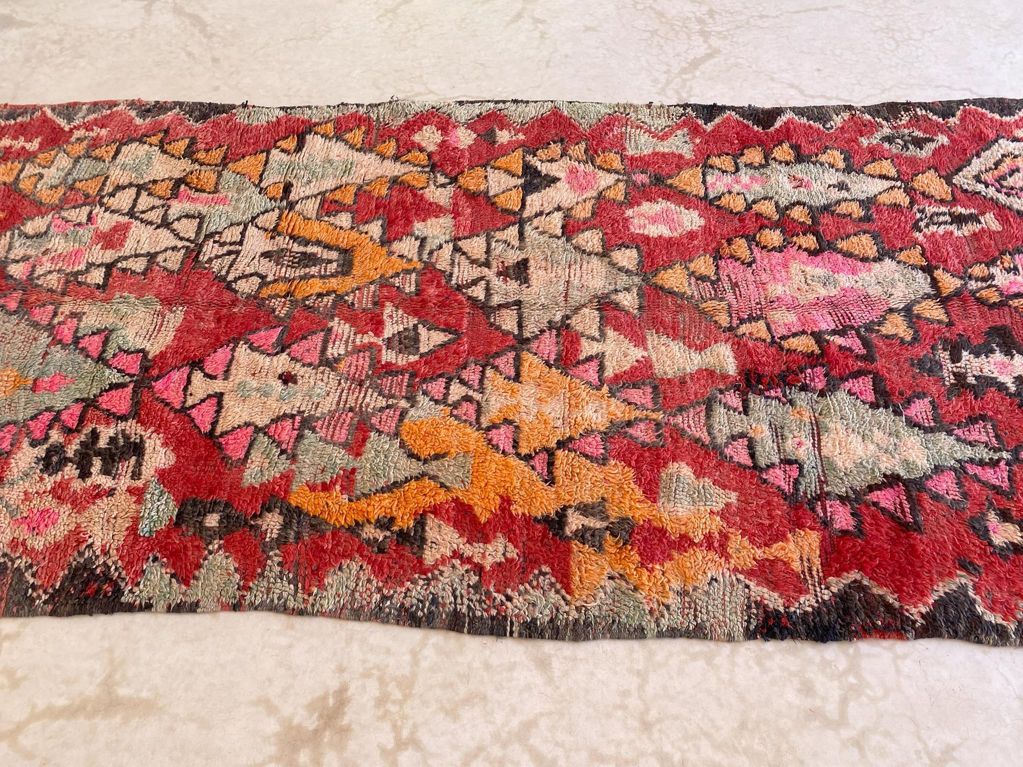 Hand-Woven Vintage Moroccan Rehamna rug - Red/pink - 5.9x12.2feet / 180x373cm For Sale