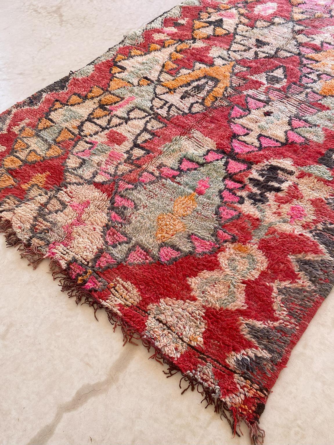 Wool Vintage Moroccan Rehamna rug - Red/pink - 5.9x12.2feet / 180x373cm For Sale