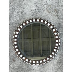 Vintage Moroccan Round Inlaid Wood Wall Mirror