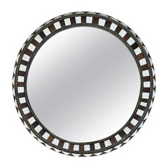 Vintage Moroccan Round Inlaid Wood Wall Mirror