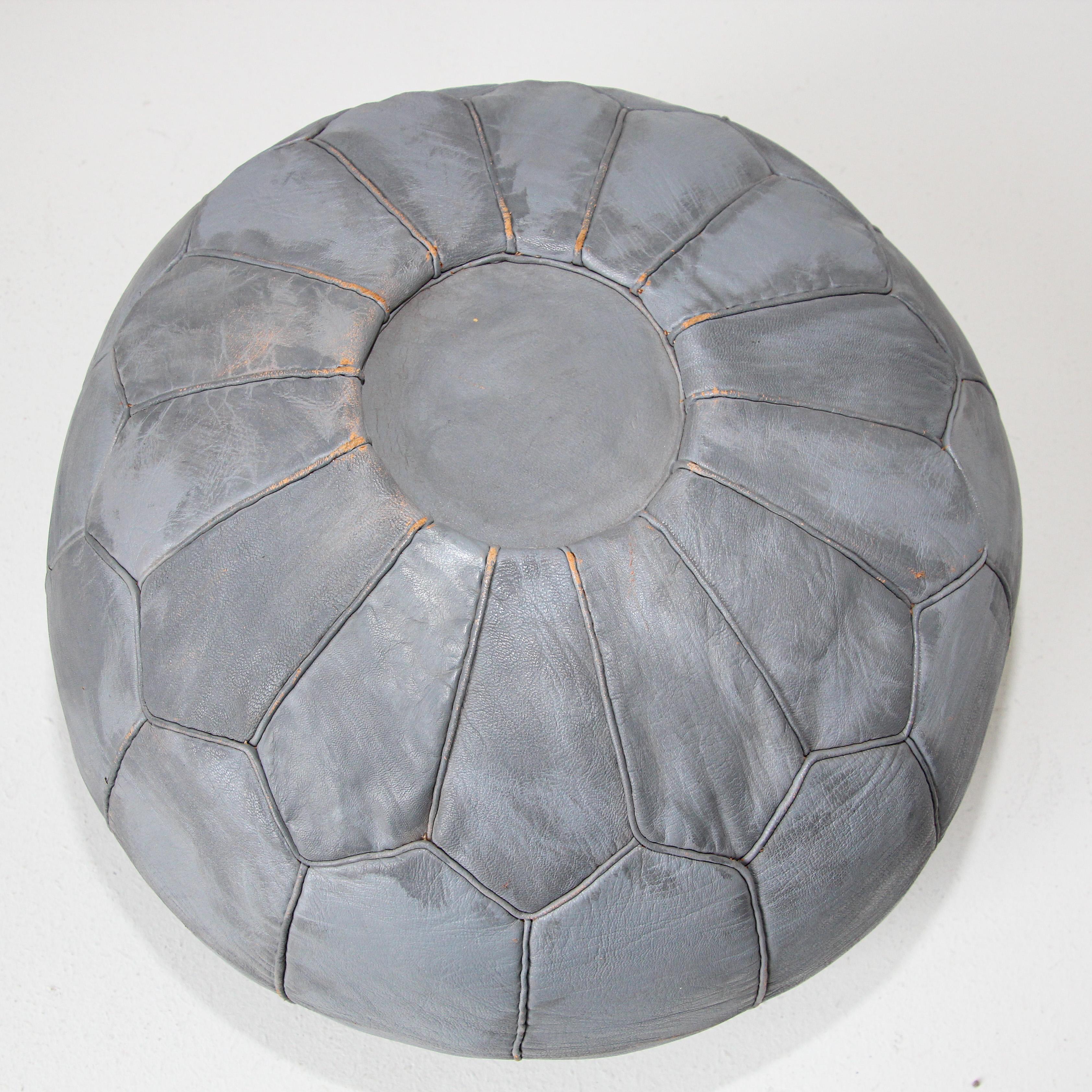 Moorish Vintage Moroccan Grey Leather Pouf Hand-Tooled in Fez Morocco For Sale