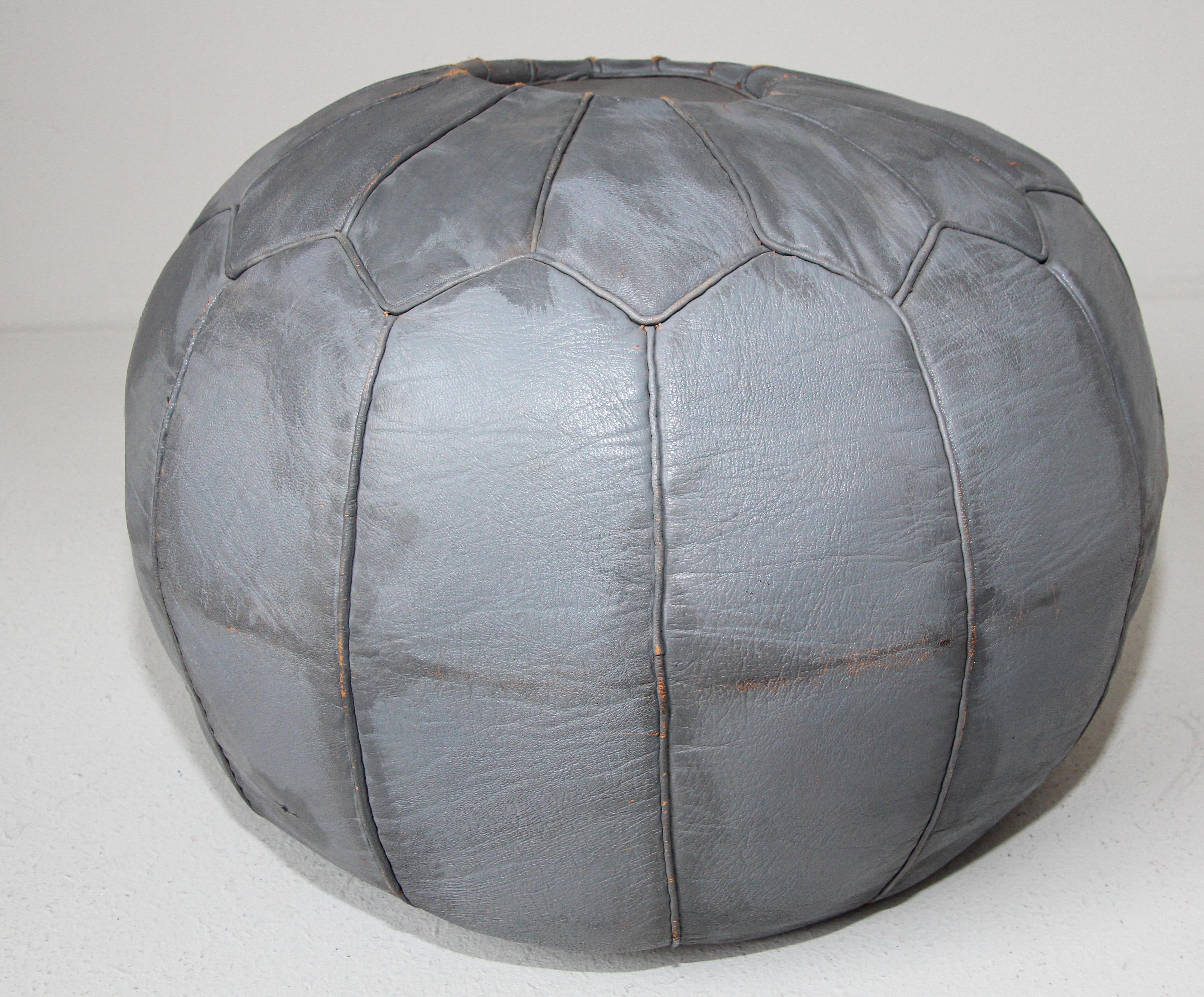 Hand-Crafted Vintage Moroccan Grey Leather Pouf Hand-Tooled in Fez Morocco For Sale