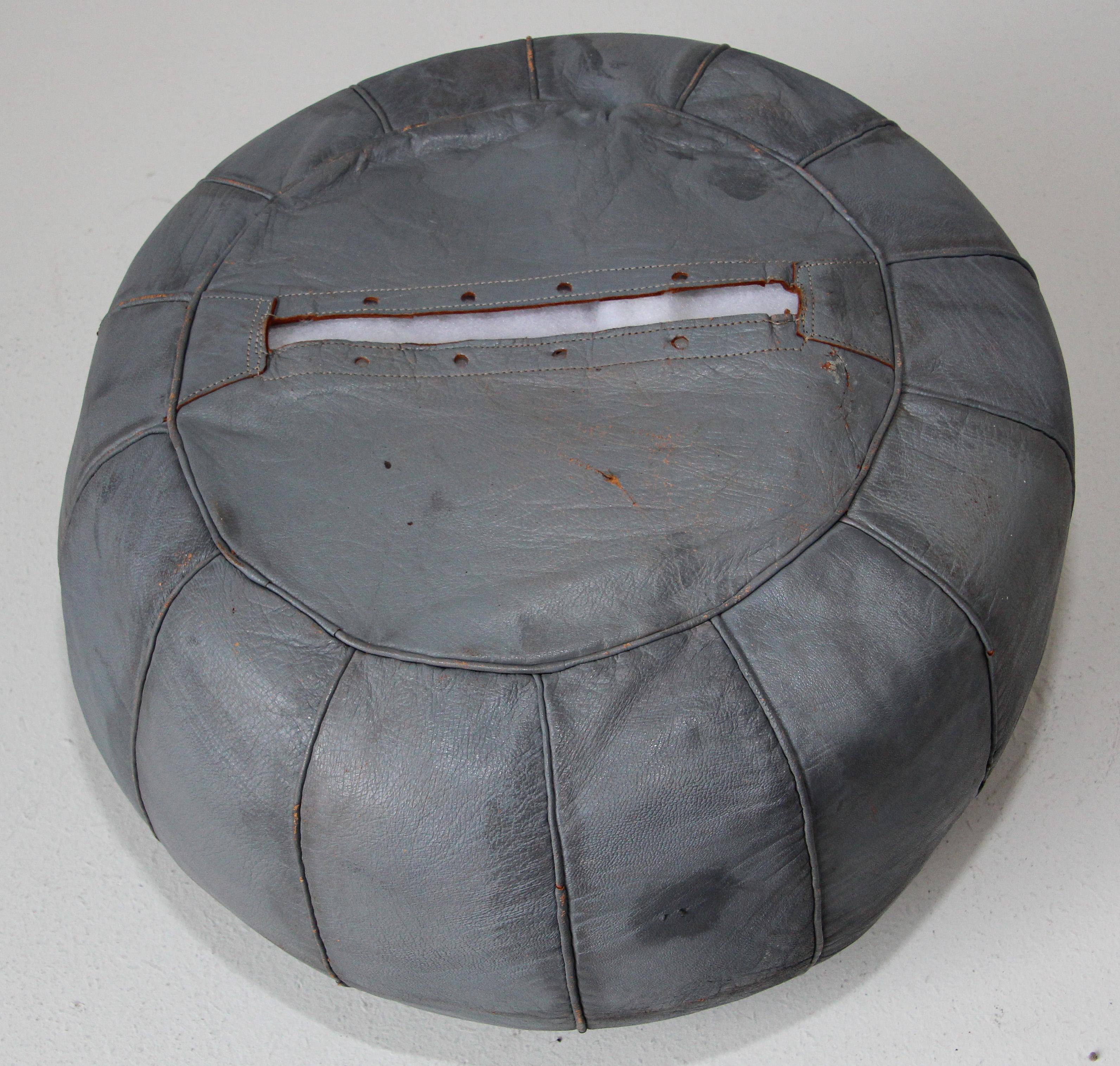 Vintage Moroccan Grey Leather Pouf Hand-Tooled in Fez Morocco In Distressed Condition For Sale In North Hollywood, CA