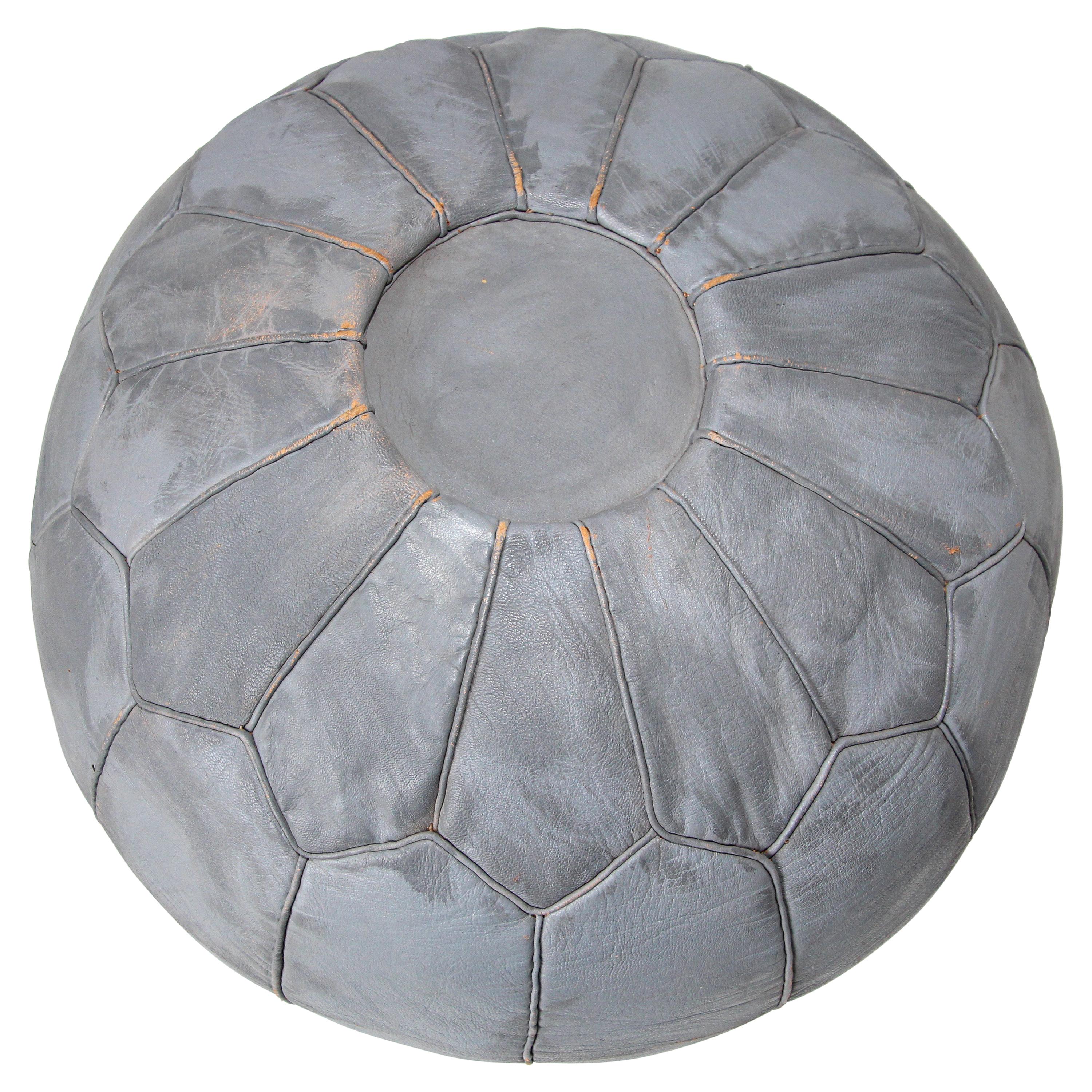 Vintage Moroccan Round Leather Pouf Hand-Tooled in Fez Morocco For Sale