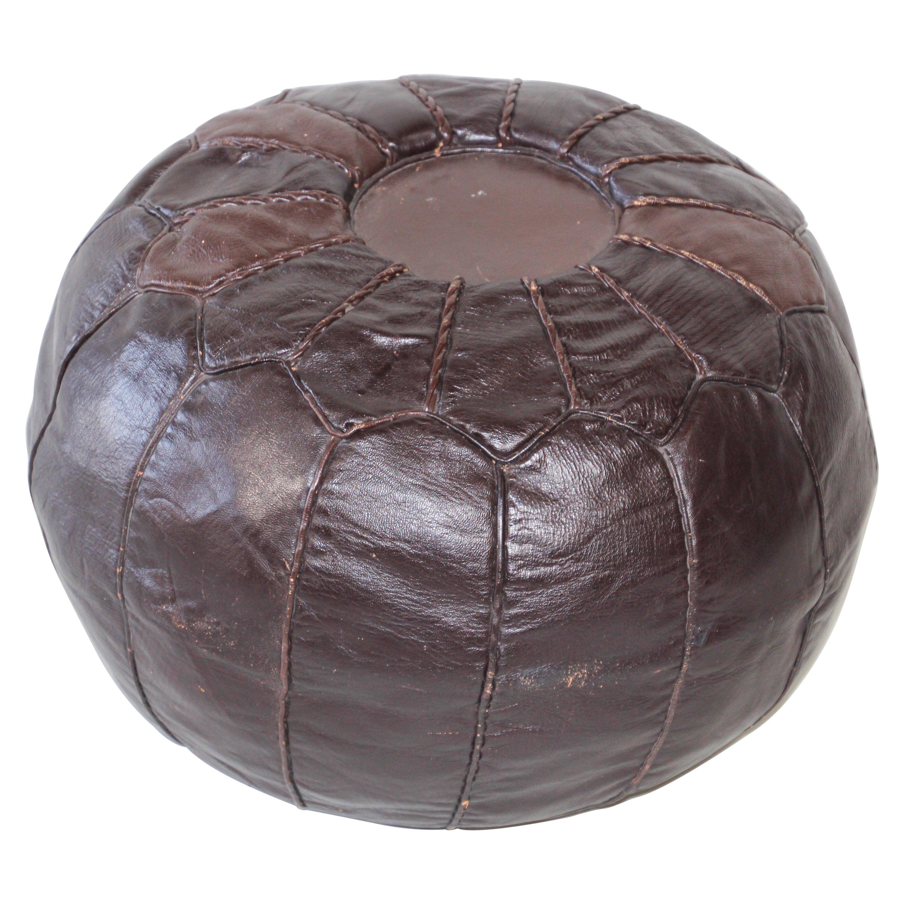 Vintage Moroccan Round Pouf Hand-Tooled in Fez Morocco