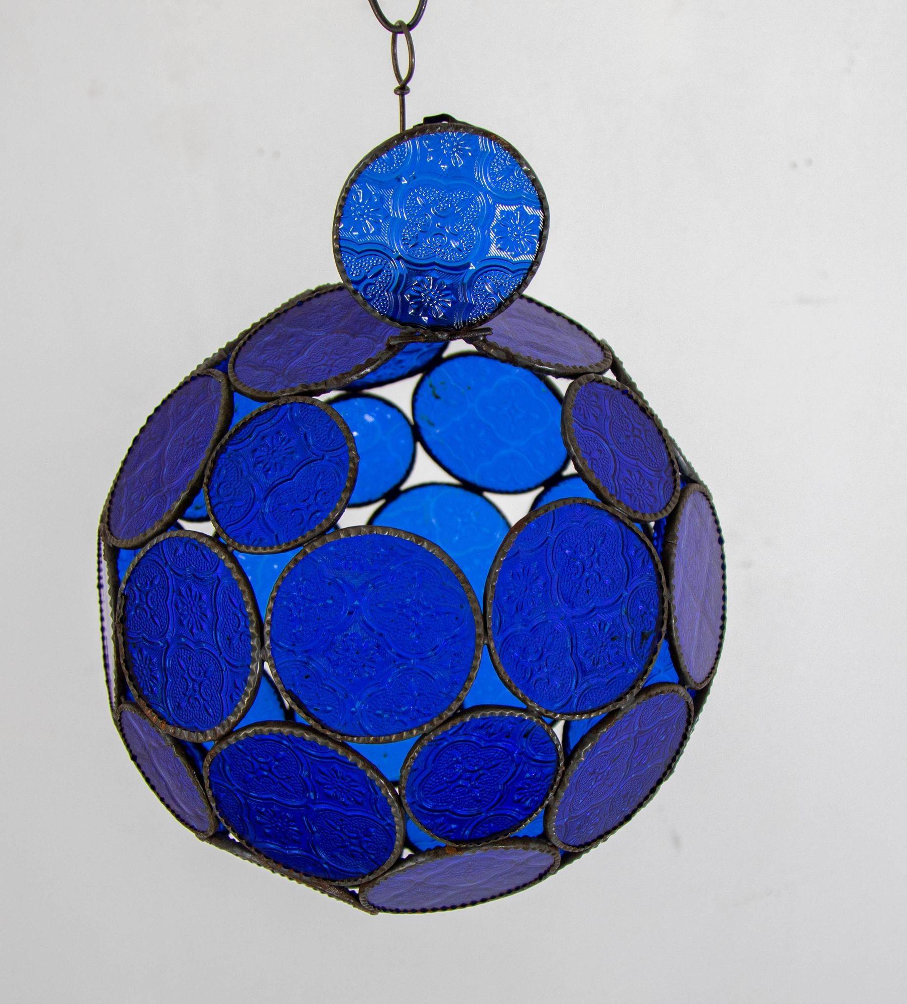Vintage Moroccan Royal Blue Moorish Glass Orb Glass Lantern For Sale 4