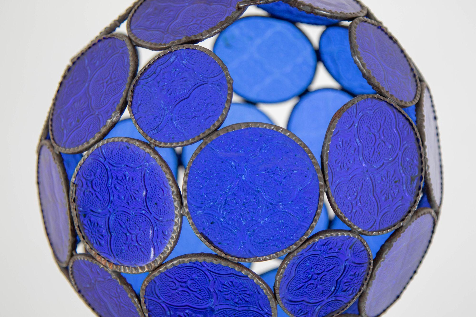 Vintage Moroccan Royal Blue Moorish Glass Orb Glass Lantern For Sale 5