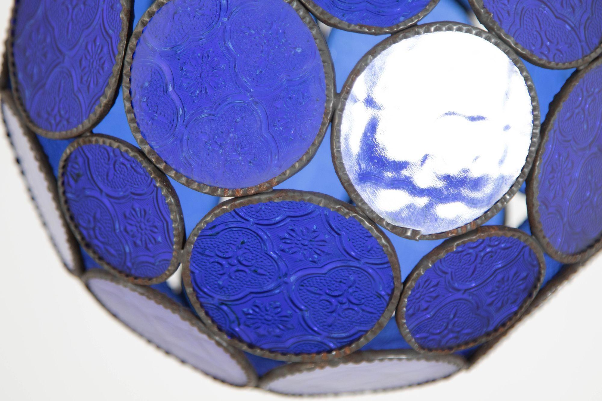 Hand-Crafted Vintage Moroccan Royal Blue Moorish Glass Orb Glass Lantern For Sale