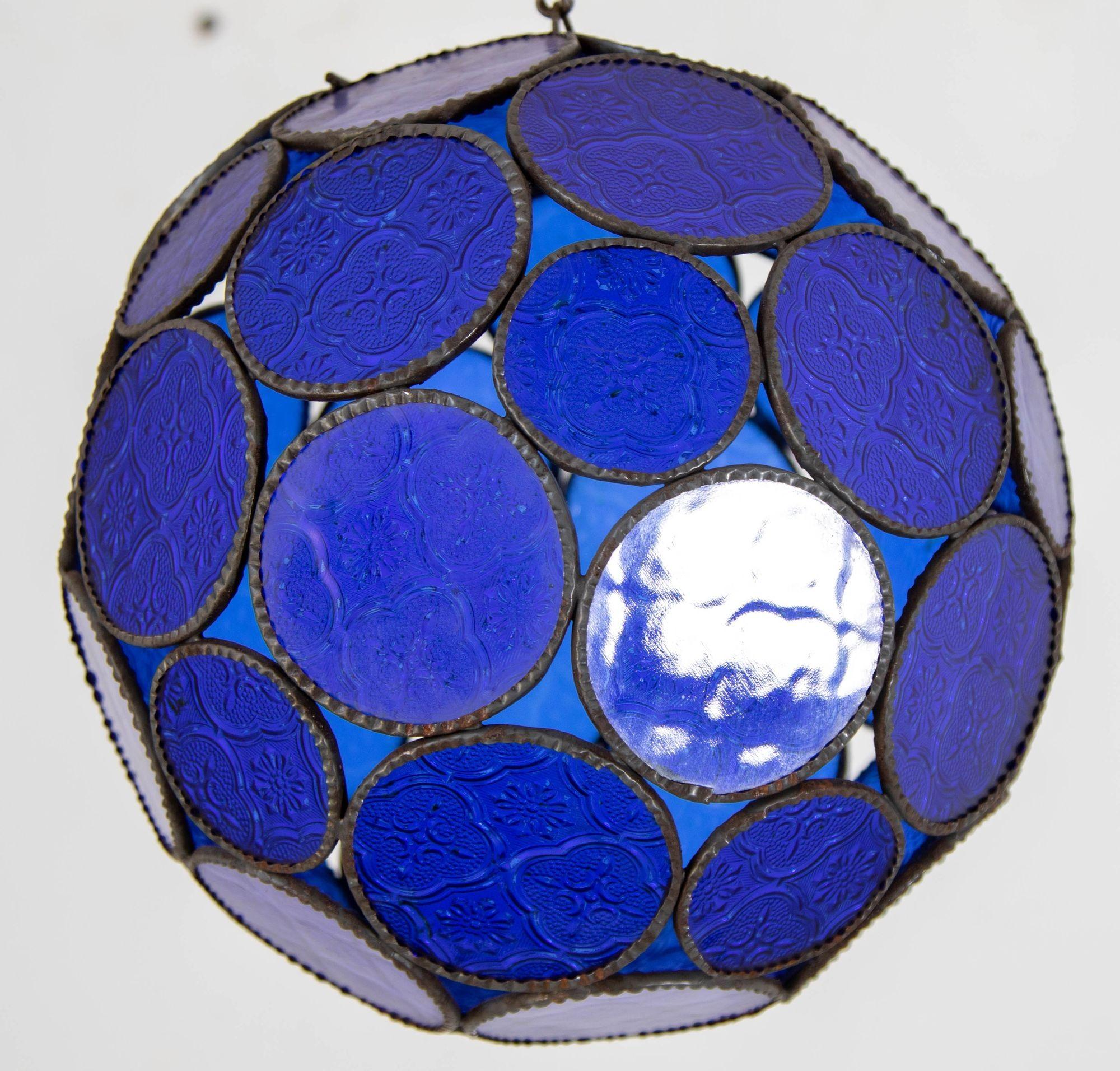 Vintage Moroccan Royal Blue Moorish Glass Orb Glass Lantern In Good Condition For Sale In North Hollywood, CA