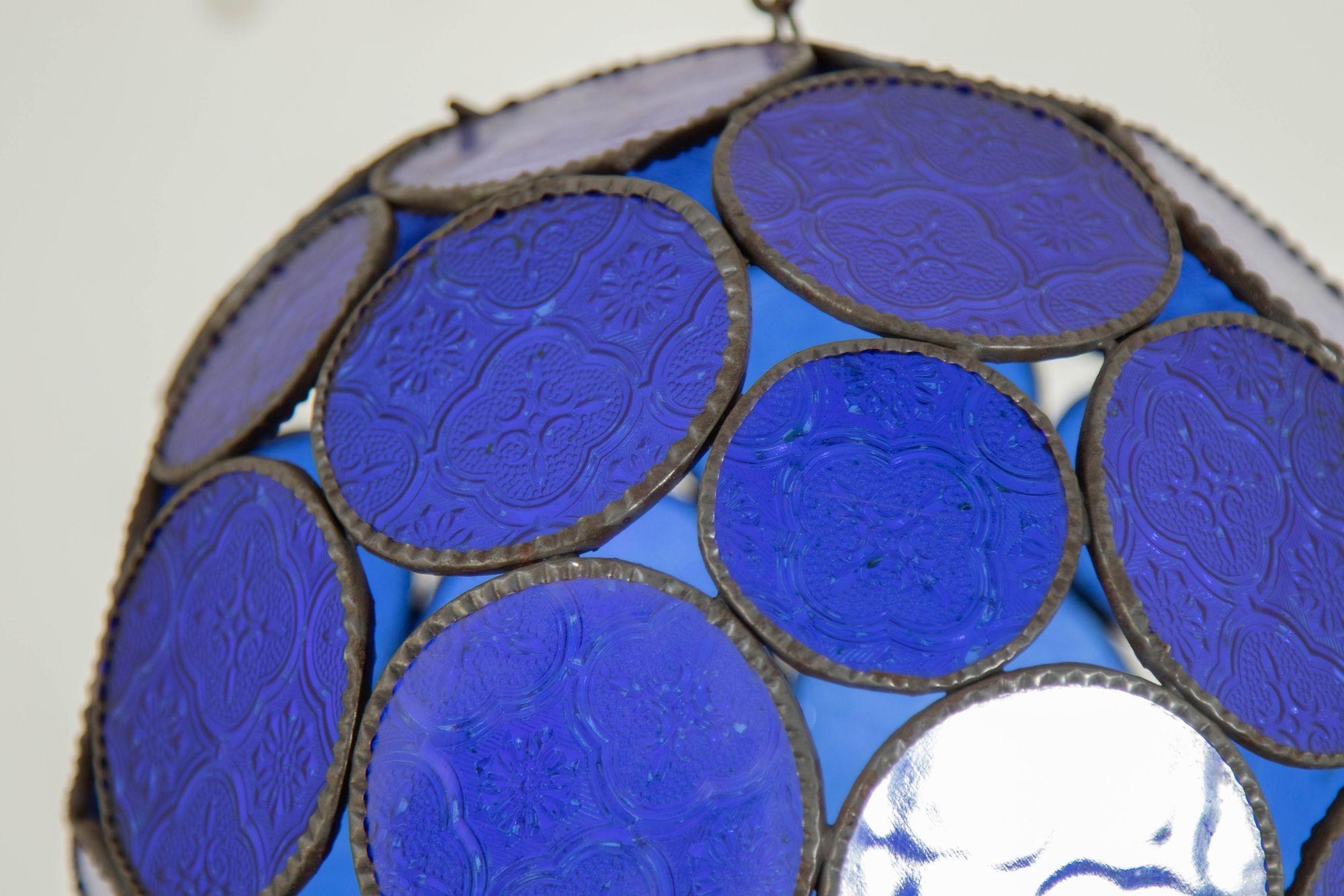 20th Century Vintage Moroccan Royal Blue Moorish Glass Orb Glass Lantern For Sale