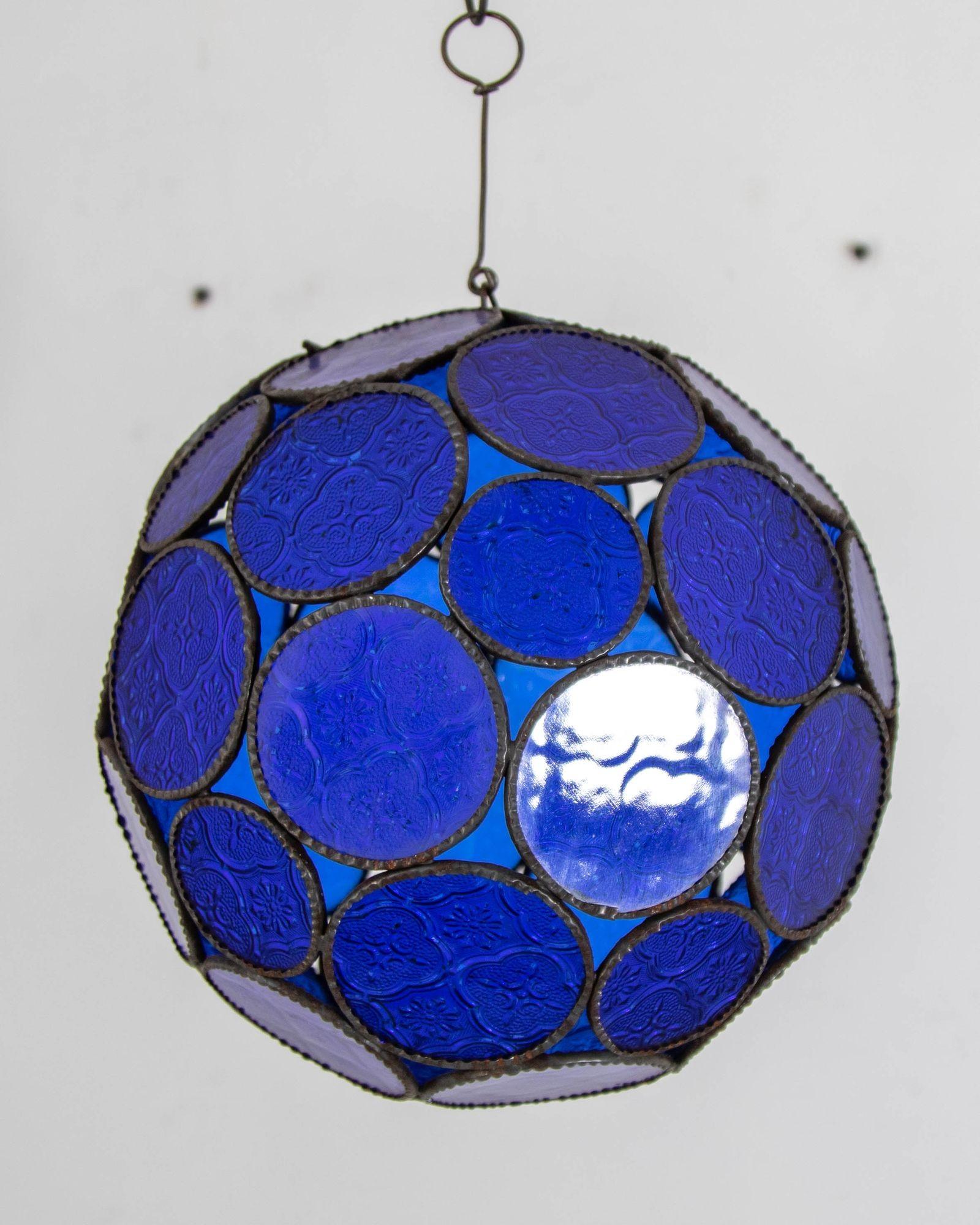 Art Glass Vintage Moroccan Royal Blue Moorish Glass Orb Glass Lantern For Sale
