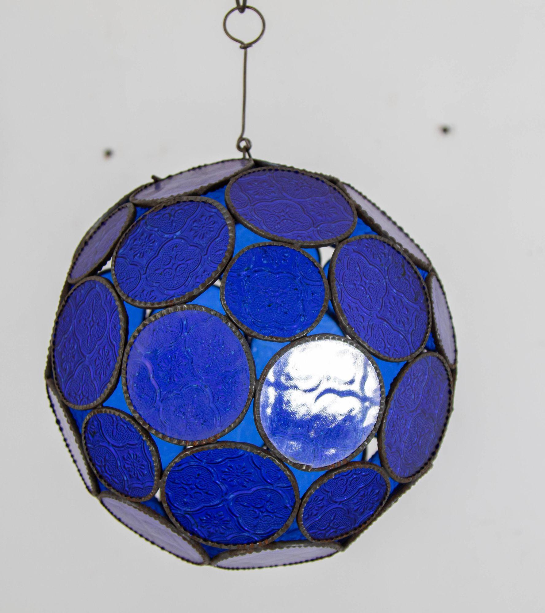Vintage Moroccan Royal Blue Moorish Glass Orb Glass Lantern For Sale 1