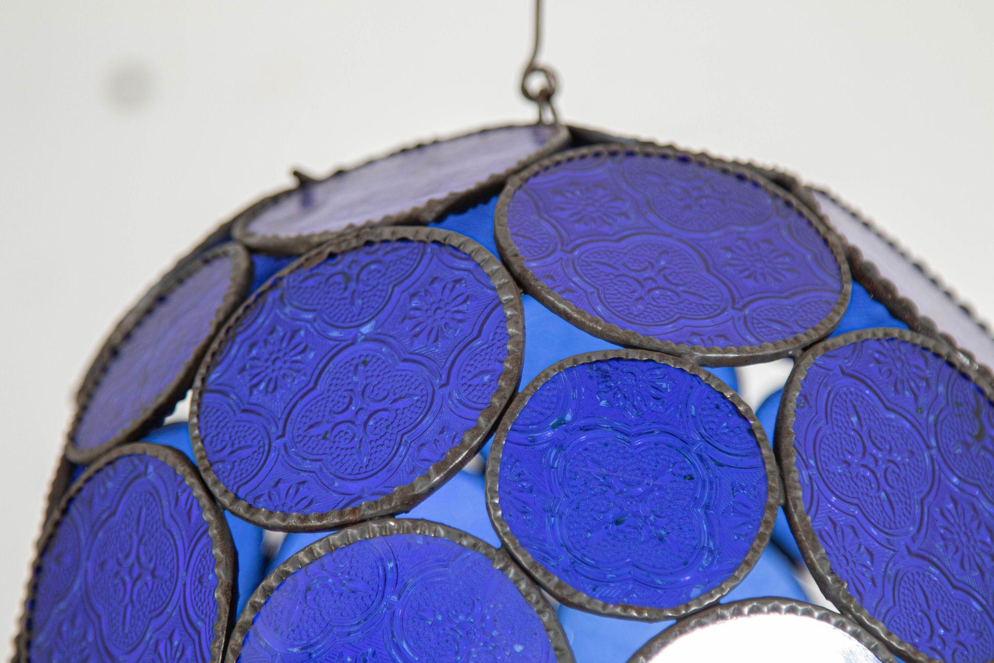 Vintage Moroccan Royal Blue Moorish Glass Orb Glass Lantern For Sale 2