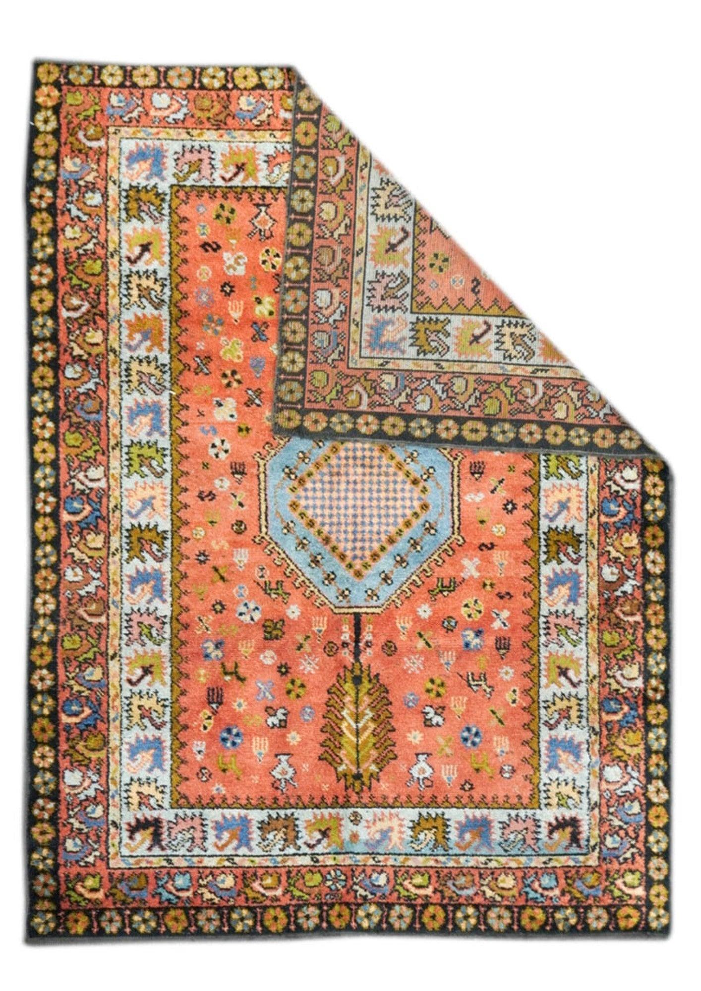Vintage Moroccan Rug 4'9'' x 6'5''. Comprising both the nomadic Berber rugs of the Atlas Mountains, with very thick piles, coarse knotting and limited palettes, and the more colorful, coarse to moderate rugs woven around Rabat, often with Anatolian