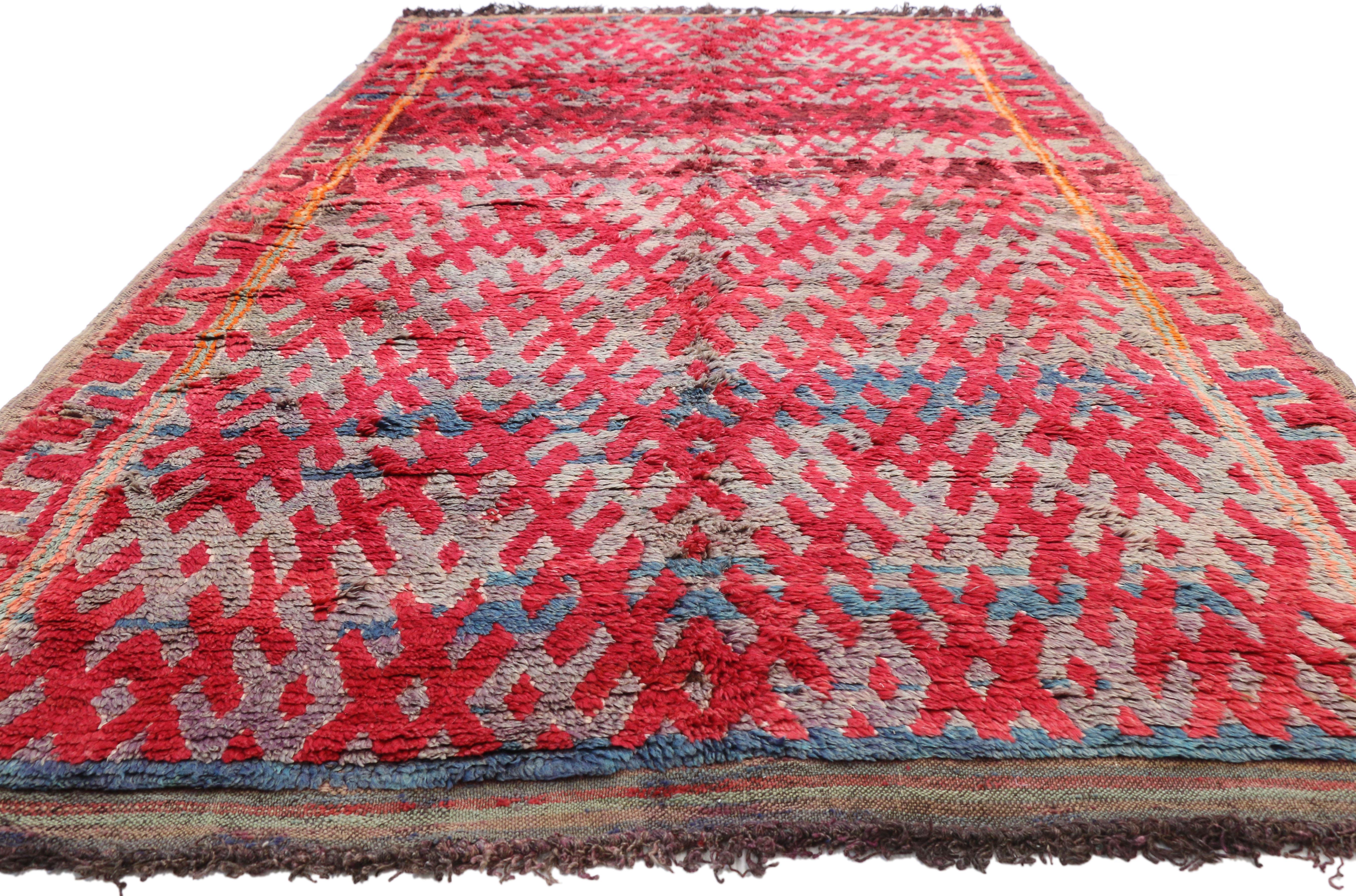 Tribal Vintage Moroccan Rug, Berber Moroccan Rug with Vibrant Mid-Century Modern Style