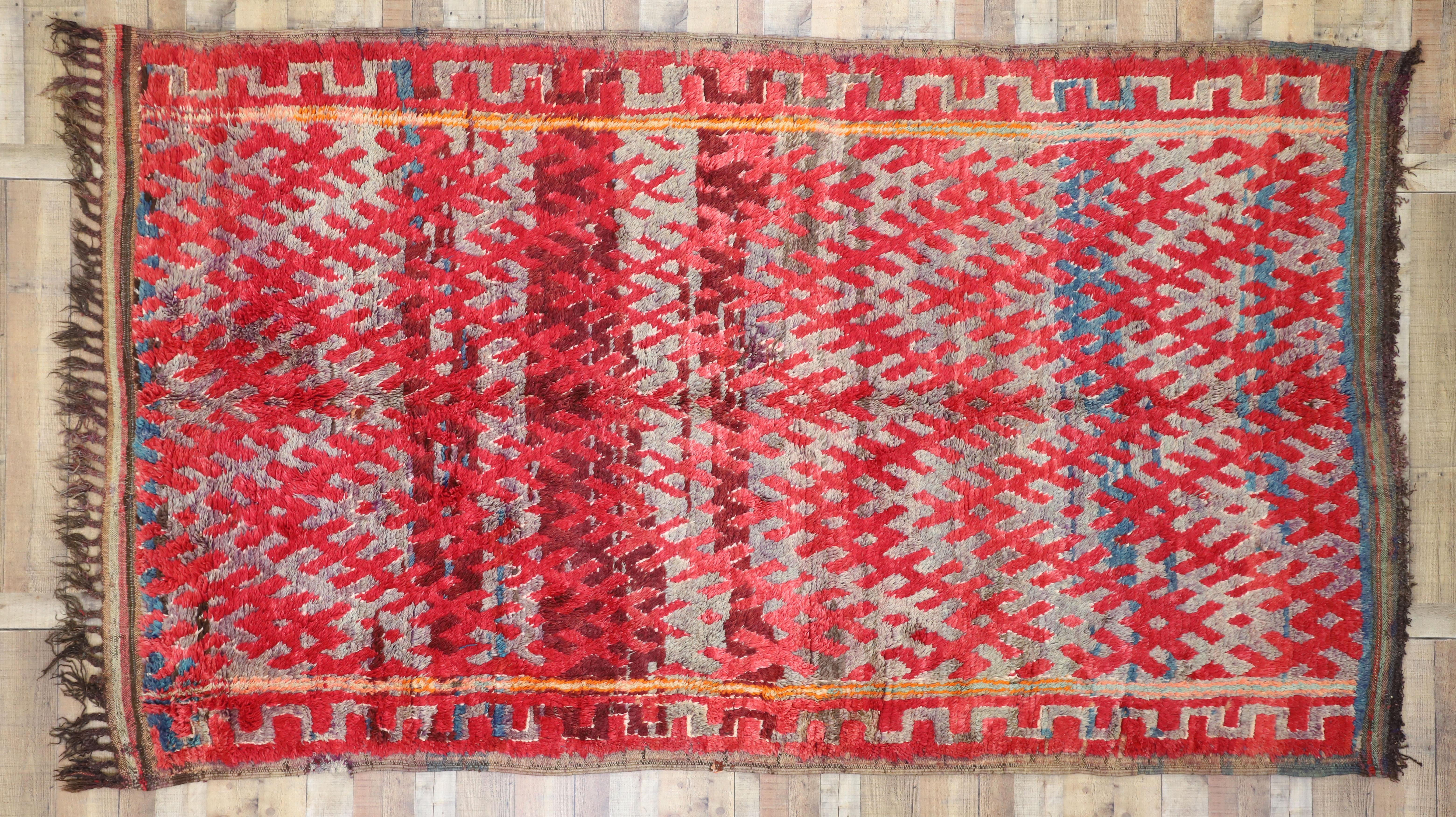 Wool Vintage Moroccan Rug, Berber Moroccan Rug with Vibrant Mid-Century Modern Style