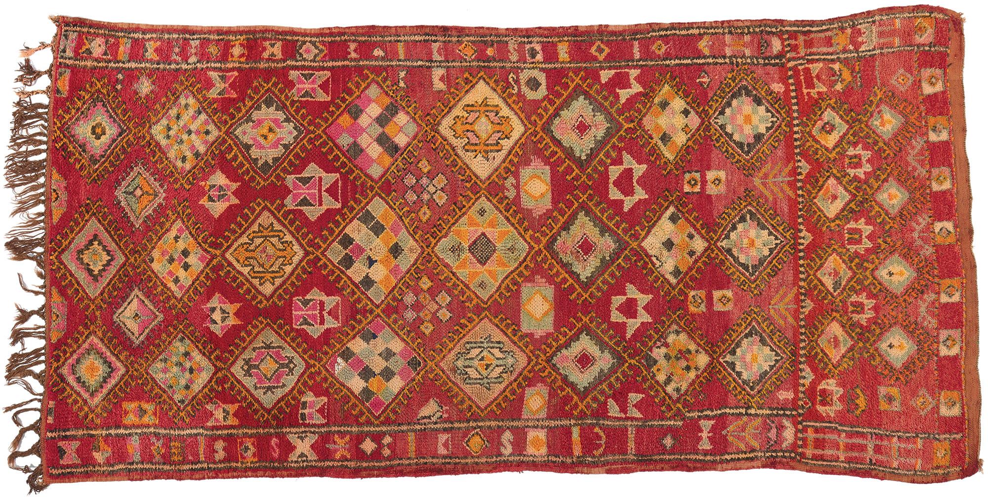 Vintage Boujad Moroccan Rug, Berber Mythology Meets Boho Chic Style For Sale 2