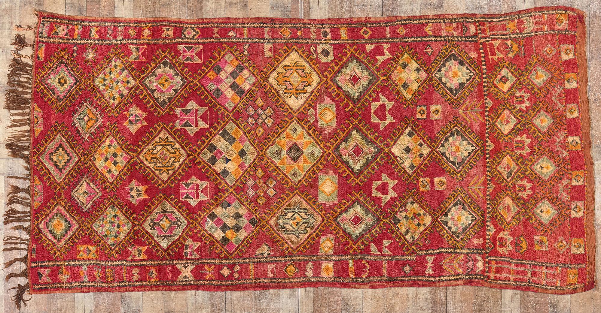 Vintage Boujad Moroccan Rug, Berber Mythology Meets Boho Chic Style For Sale 1