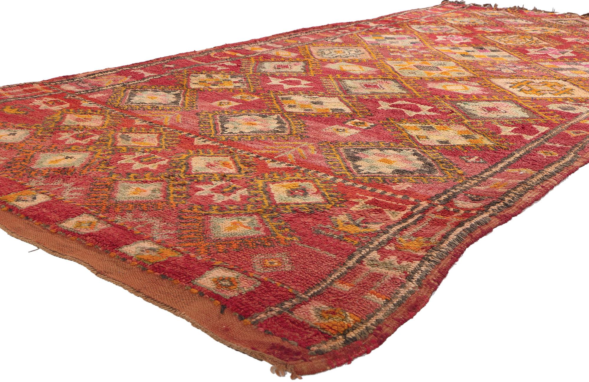 21344 Vintage Red Boujad Moroccan Rug, 05'04 x 10'08. Embrace the vibrant essence of Boujad rugs, hailing from the Khouribga region in the Mid Atlas Mountains, are renowned for their eccentric and artistic designs. In this vintage Boujad Moroccan