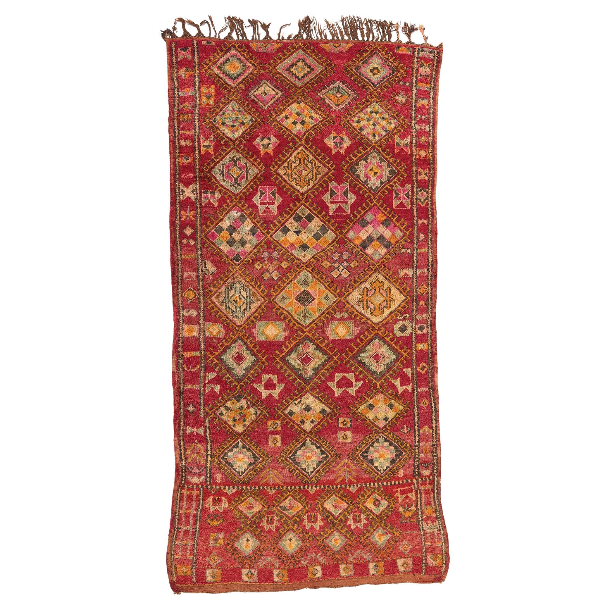 Vintage Boujad Moroccan Rug, Berber Mythology Meets Boho Chic Style For Sale