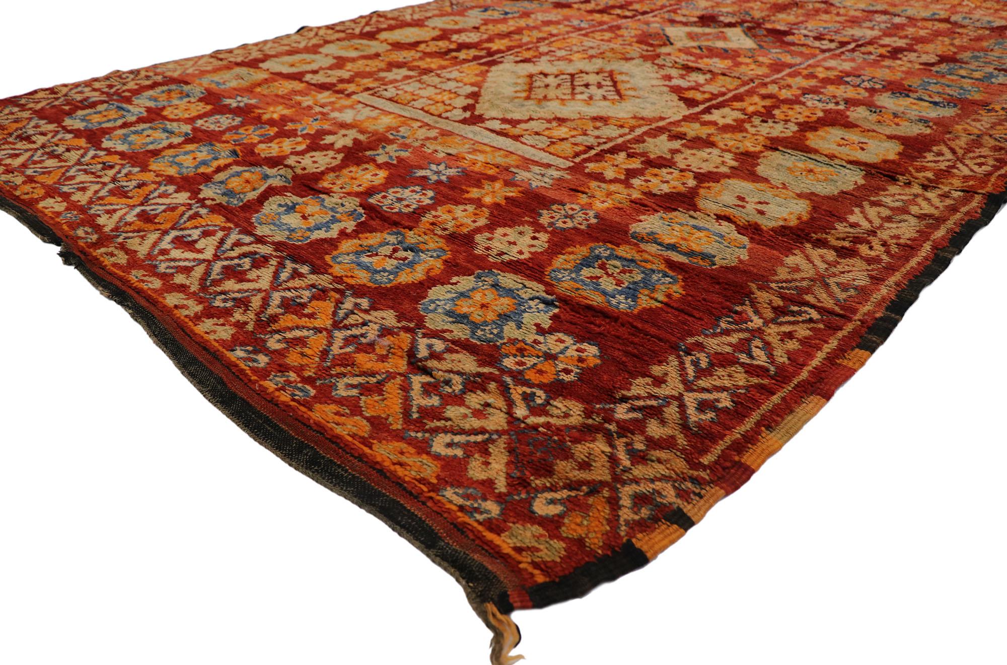21489 Vintage Berber Moroccan Rug, 06'04 x 09'06.
?Emanating nomadic charm with incredible detail and texture, this hand knotted wool vintage Moroccan rug is a captivating vision of woven beauty. The tribal design and lively colors woven into this