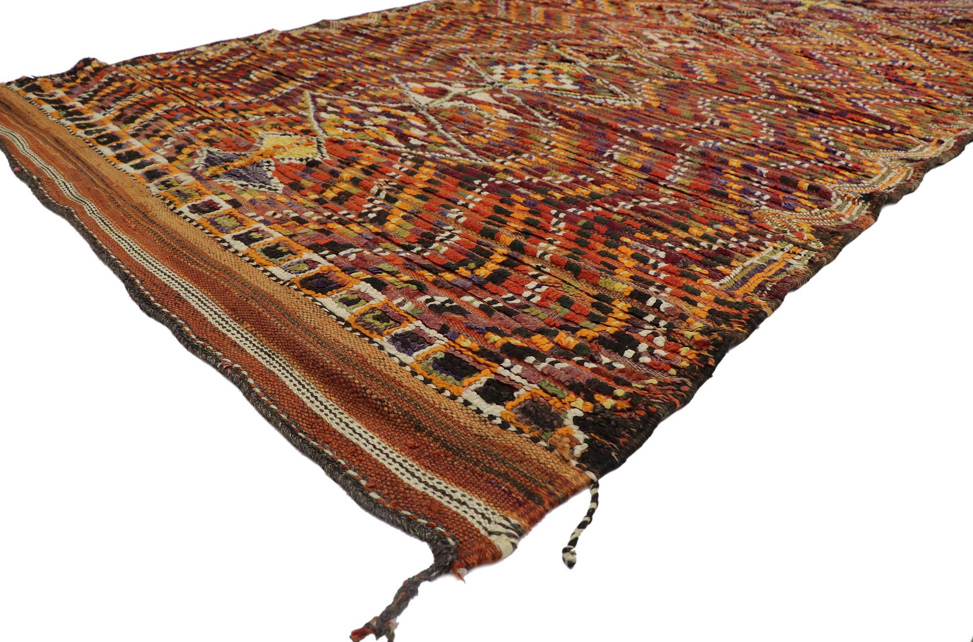 21283 Vintage Berber Moroccan rug, 06'02 x 10'04. With its nomadic charm, incredible detail and texture, this hand knotted wool vintage Moroccan rug is a captivating vision of woven beauty. The eye-catching evil-eye diamond pattern and energetic