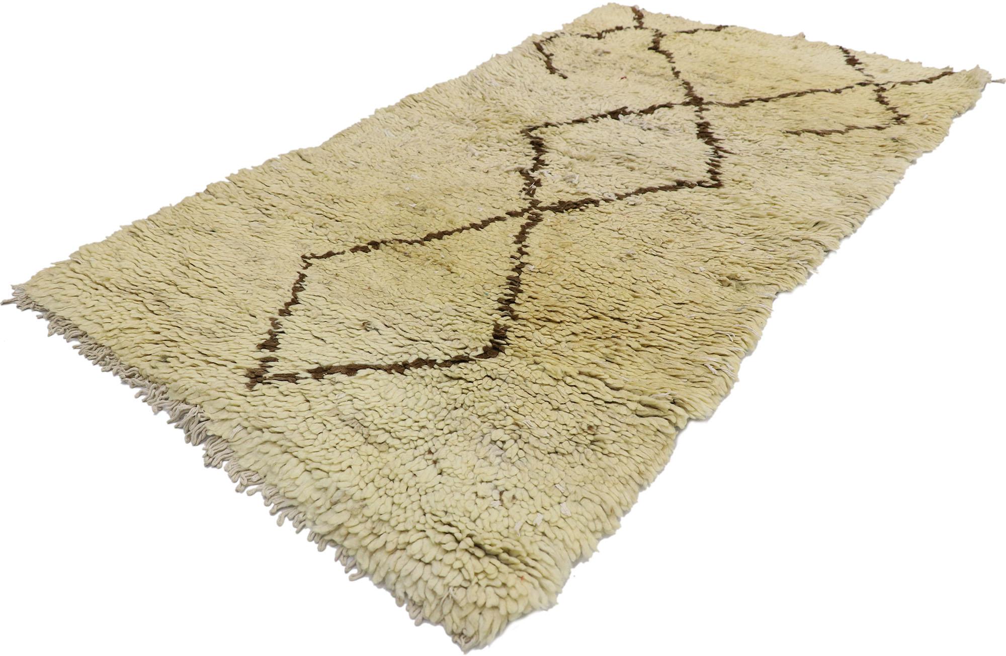 21575 Vintage Berber Moroccan Rug, 02'10 x 05'06.
Nomadic charm meets relaxed familiarity in this hand knotted wool vintage Moroccan rug. The ambiguous lozenge design and earthy colorway woven into this piece work together to bring forth a rustic
