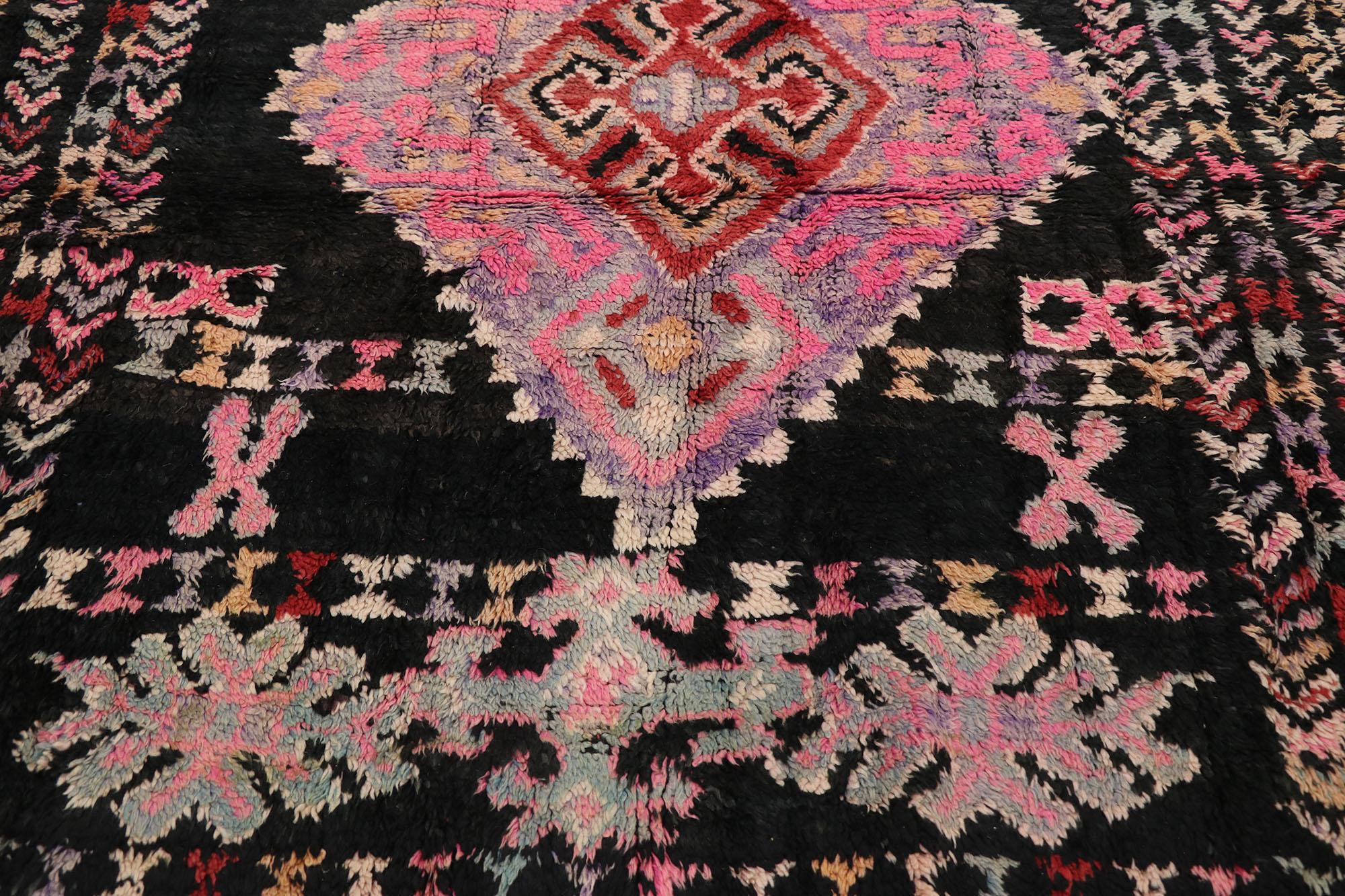 Vintage Pink & Black Boujad Moroccan Rug, Tribal Enchantment Meets Boho Chic In Good Condition For Sale In Dallas, TX